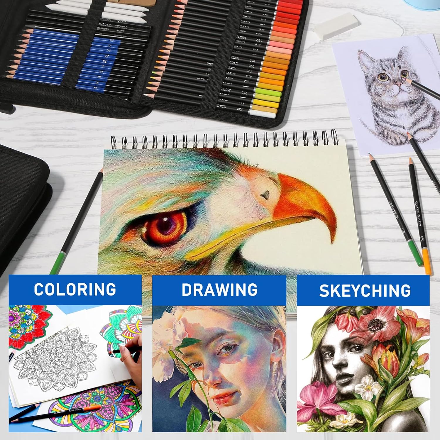 Detalle de 146Pcs Drawing and Sketching Colored Pencils Set — Complete Professional Kit for Artists