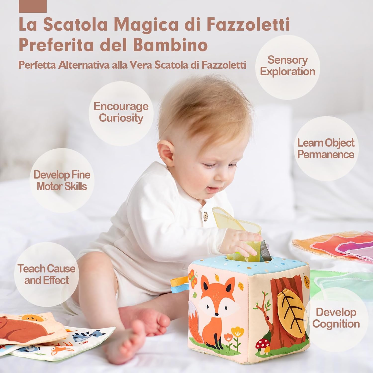 Thumbnail 1 de hahaland Scatola di Fazzoletti Montessori 3-6 Mesi: Giochi Neonati Sensoriali in Tessuto e Specchio