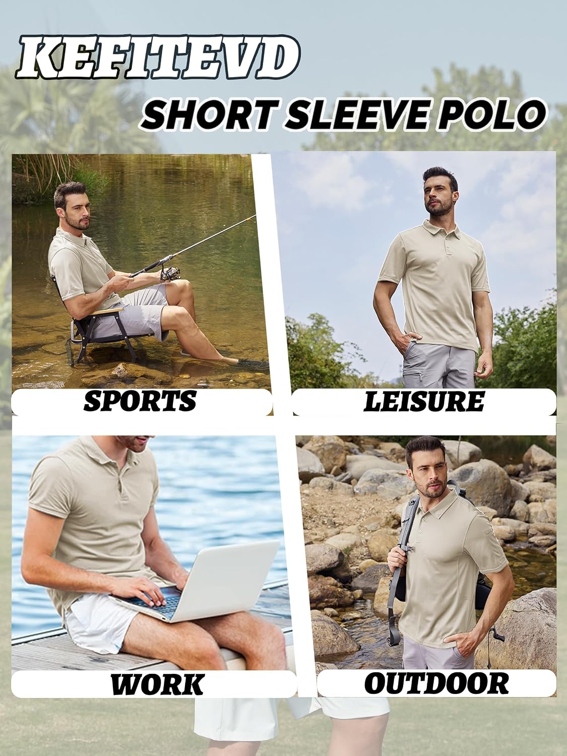 Detalle 2 de KEFITEVD men’s outdoor breathable polo shirt with quick-dry and sunglasses loop
