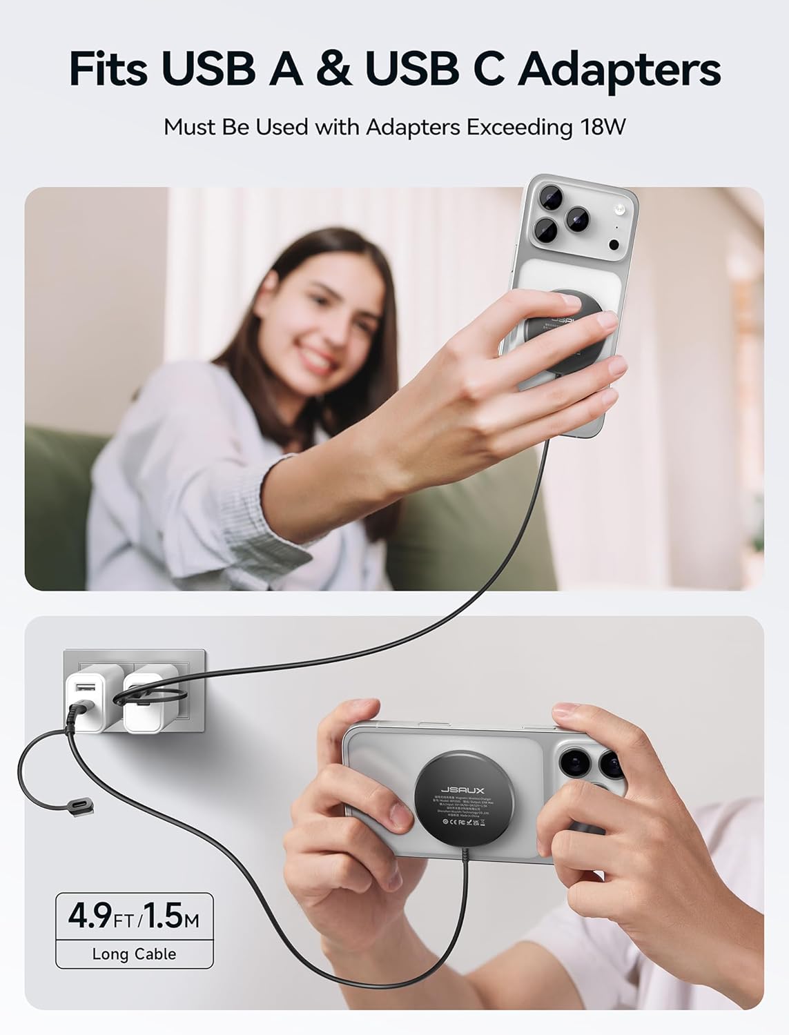 Thumbnail 2 de JSAUX Wireless Charger MagSafe for iPhone 17/16/15/14 (Magnetic charging pad, dual USB ports) - Black