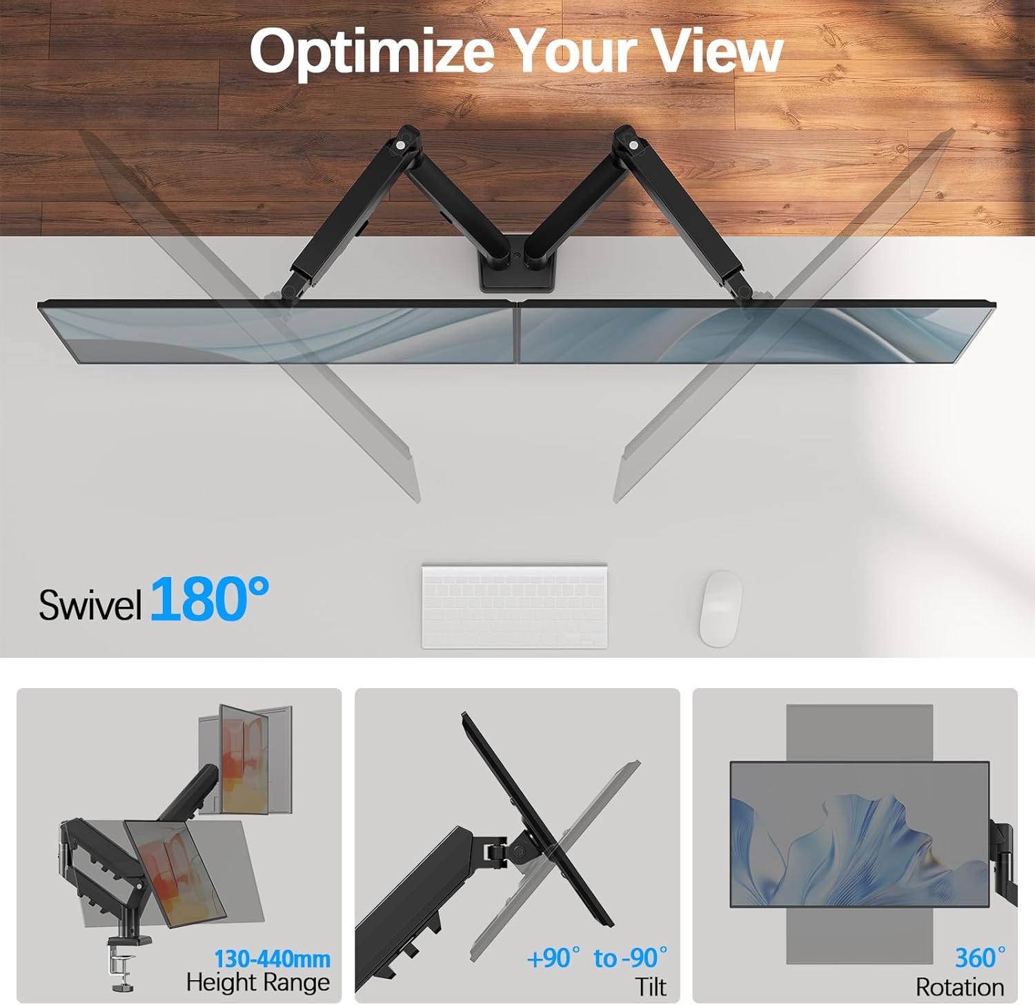 Detalle de MOUNTUP Dual Monitor Halterung für 13–32 Zoll EU8014B – höhenverstellbar, neigbar, schwenkbar (VESA 75/100)
