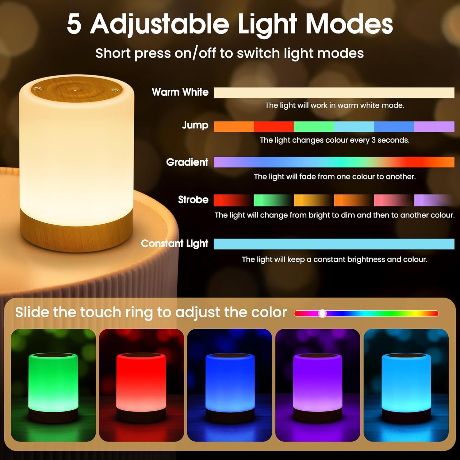 Thumbnail 1 de NIWOHOM 2er-Set Nachttischlampen mit Touch-Dimmung, RGB-LED (256 Farben), Timer & USB-Akku