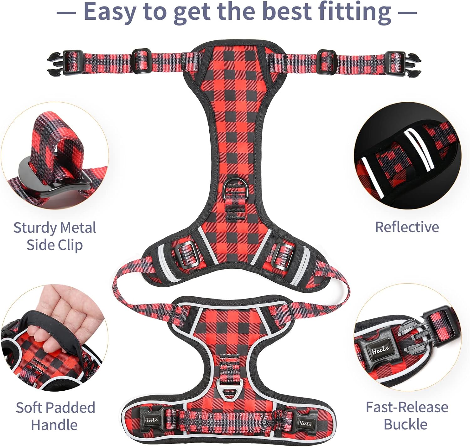 Thumbnail 3 de HEELE Small Dog No Pull Harness (Soft Handle, Reflective) – Checkered-Red, Size S