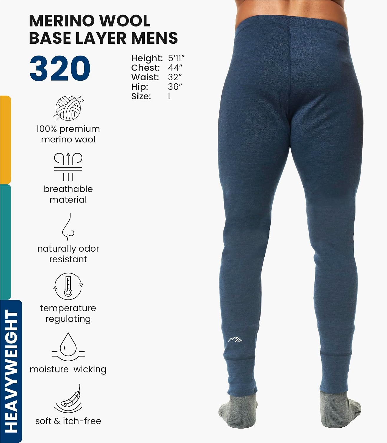 Detalle de Merino.tech 165 Men's Merino Wool Base Layer Pants, Lightweight 100% Merino