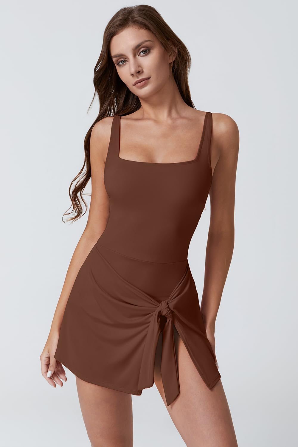 Detalle 1 de QINSEN Square Neck Swim Dress Tummy Control One-Piece Swimsuit