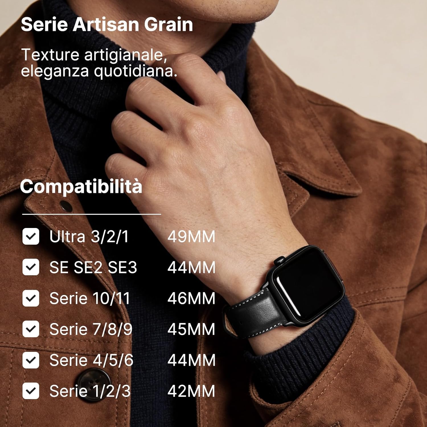 Detalle de Fullmosa Cinturino in Pelle per Apple Watch – Cinturino Ricambio 42–49 mm con Chiusura Nera