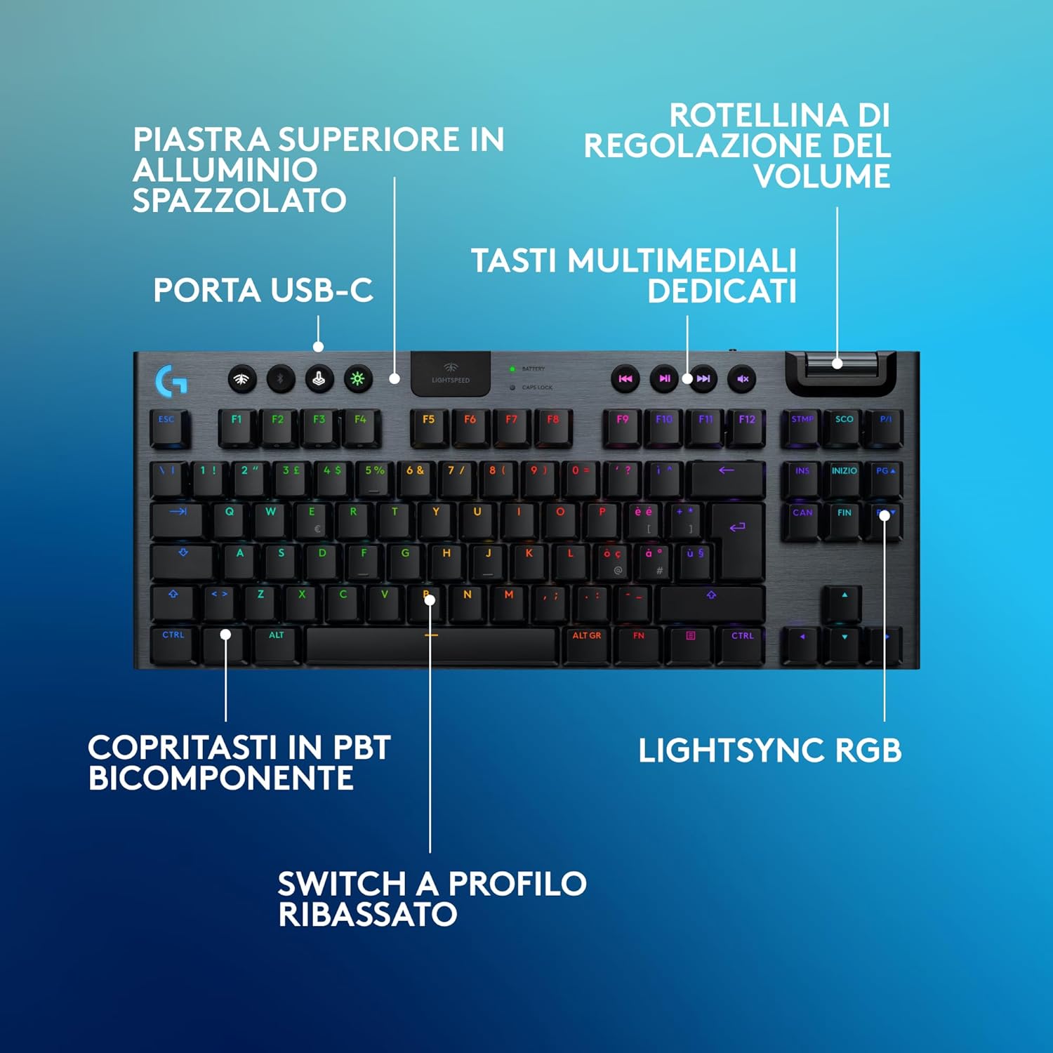 Thumbnail 6 de Logitech G G915 X LIGHTSPEED TKL: tastiera gaming wireless ultrapiatta con switch GL Brown e copritasti PBT