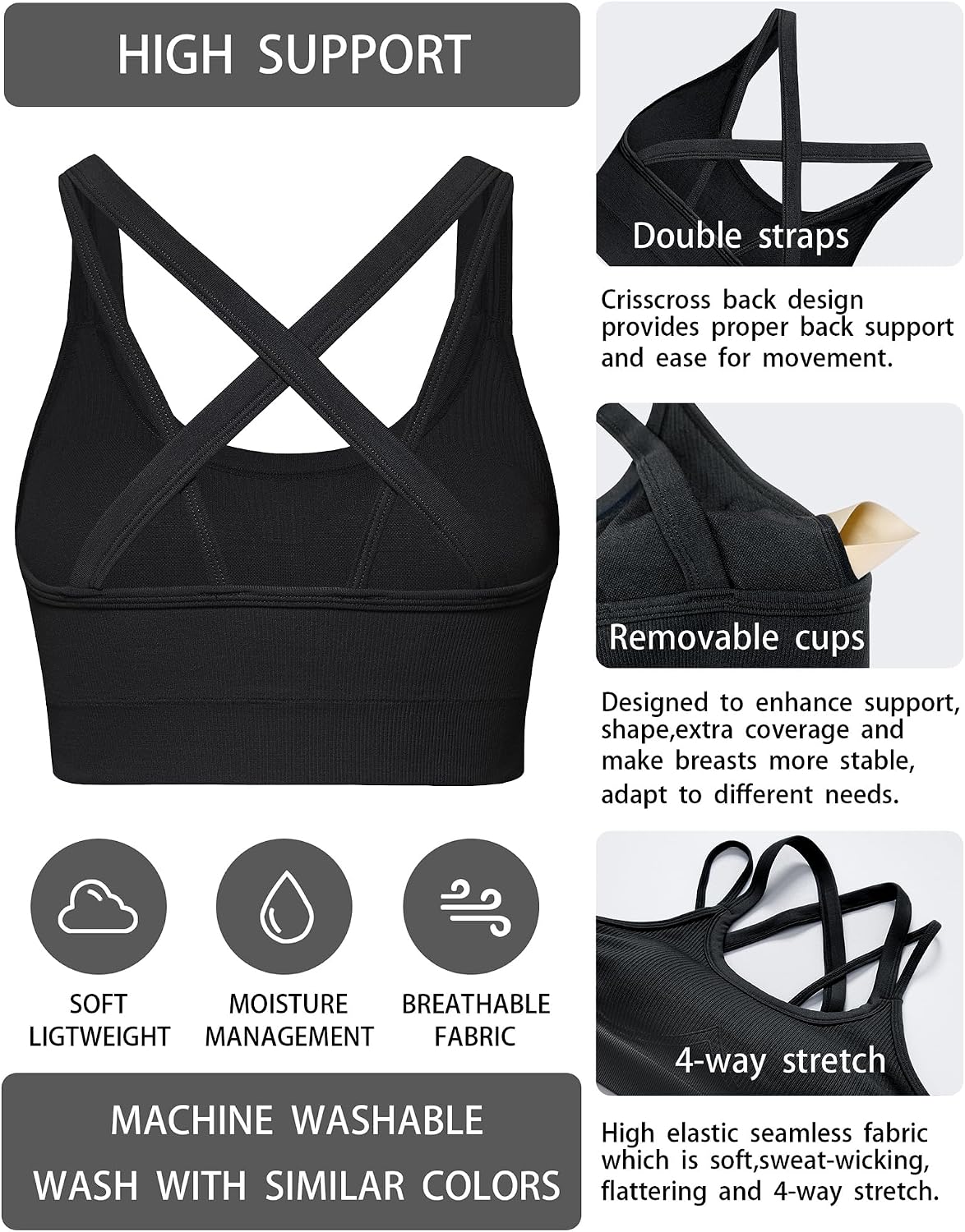 Detalle de Sports Bras for Women HIigh Support, Criss-Cross Back Padded Strappy High Impact – Large Bust