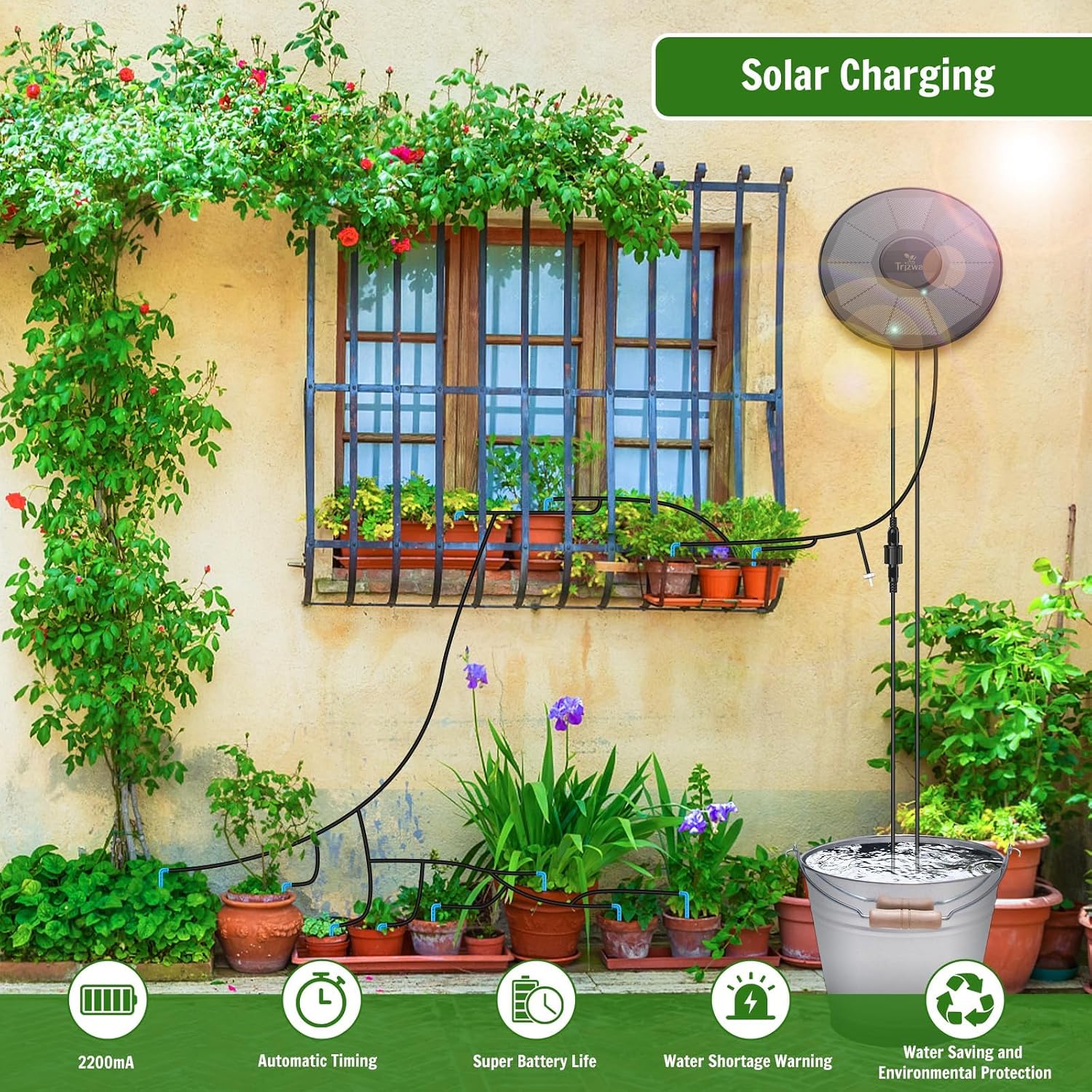 Detalle de Sistema solare automatico con kit di irrigazione a goccia per balcone e giardino – 15 piante in vaso
