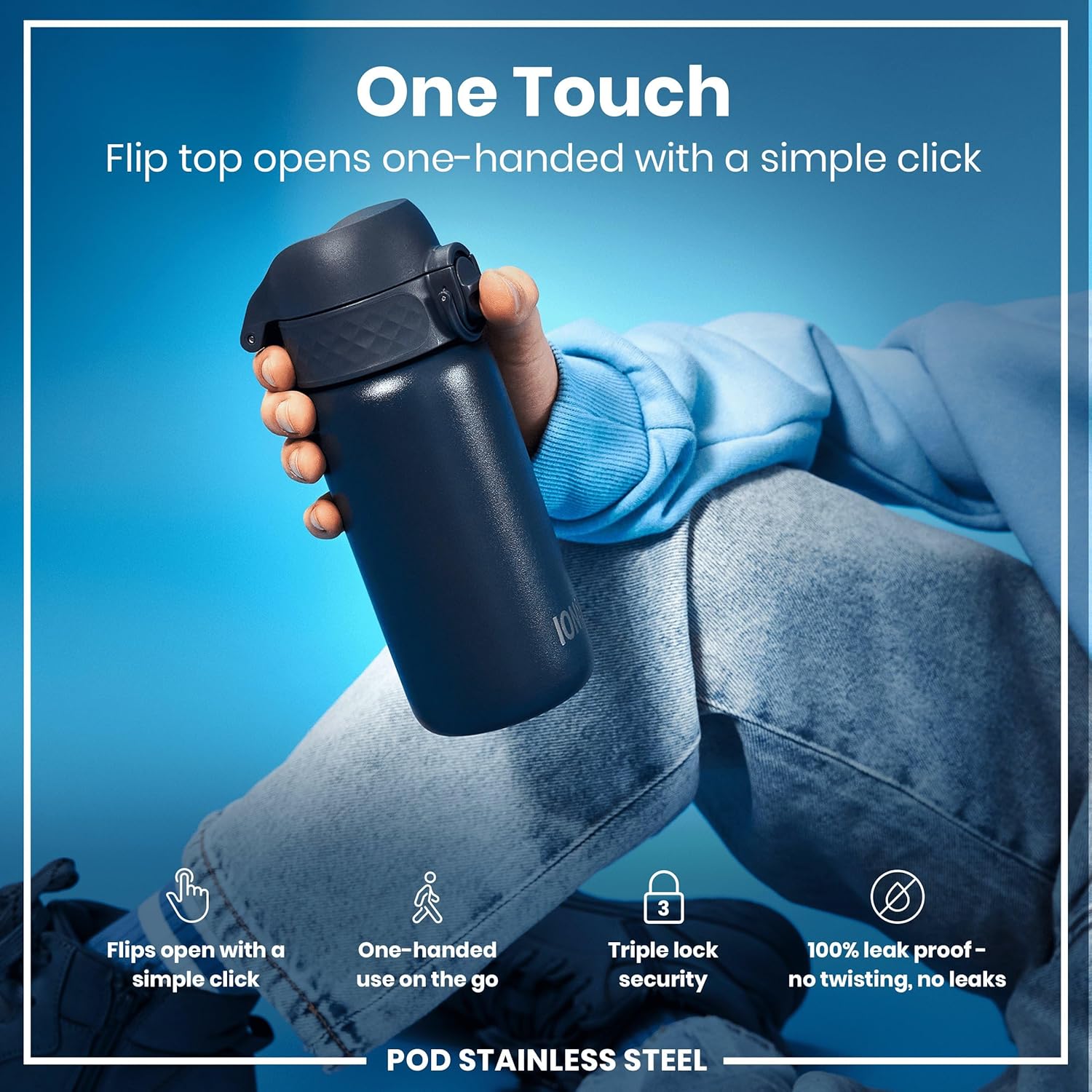 Detalle de ION8 Lightweight Steel Kids Water Bottle, 400ml/13oz – Leak-Proof, Dishwasher Safe and Easy to Open