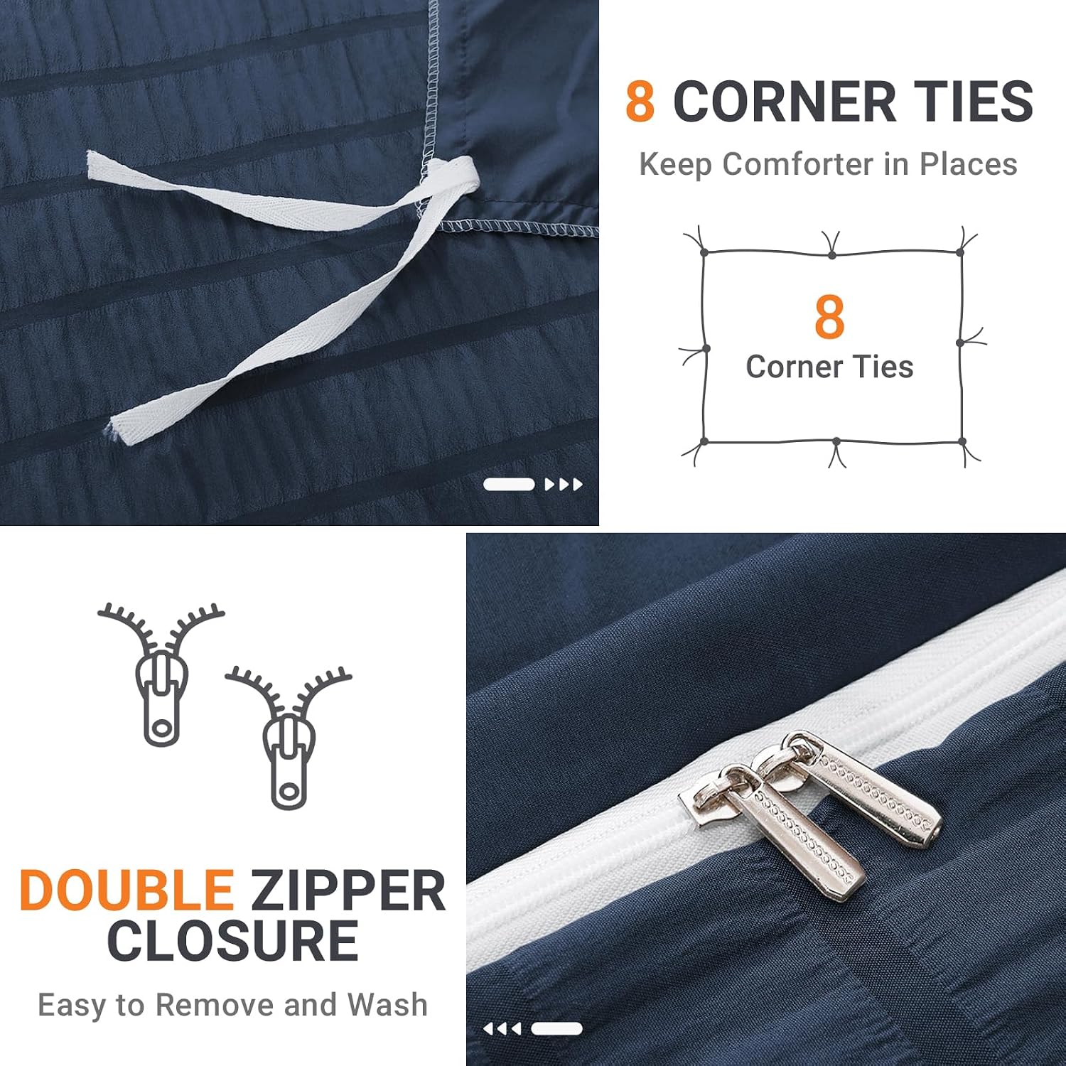 Detalle 2 de HYMOKEGE Navy Blue Twin Seersucker Duvet Cover Set (2-Piece) with Zipper Closure and 8 Corner Ties