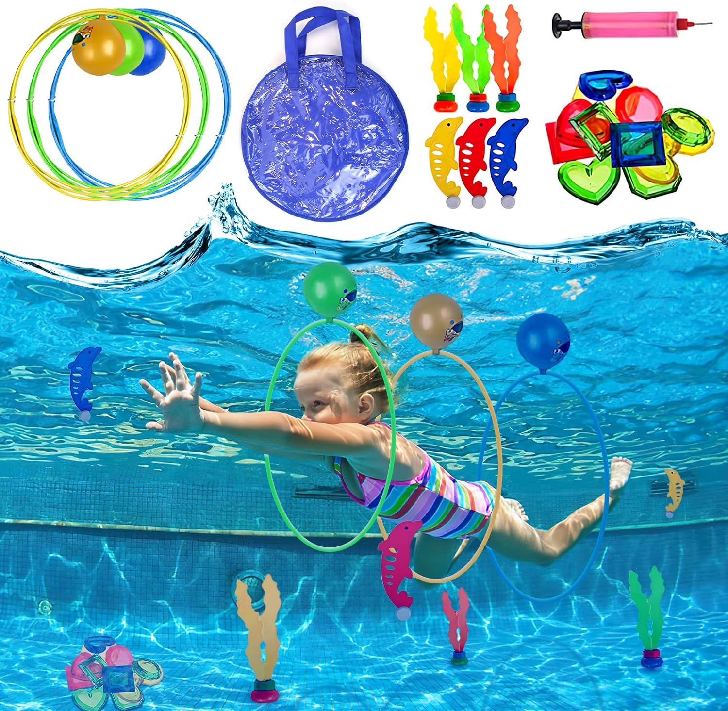 Detalle de Pool-Spielzeug ab 5–12 Jahren: Tauchspielzeug-Set mit Tauchringen, Delfinen, Seegras und Juwelen