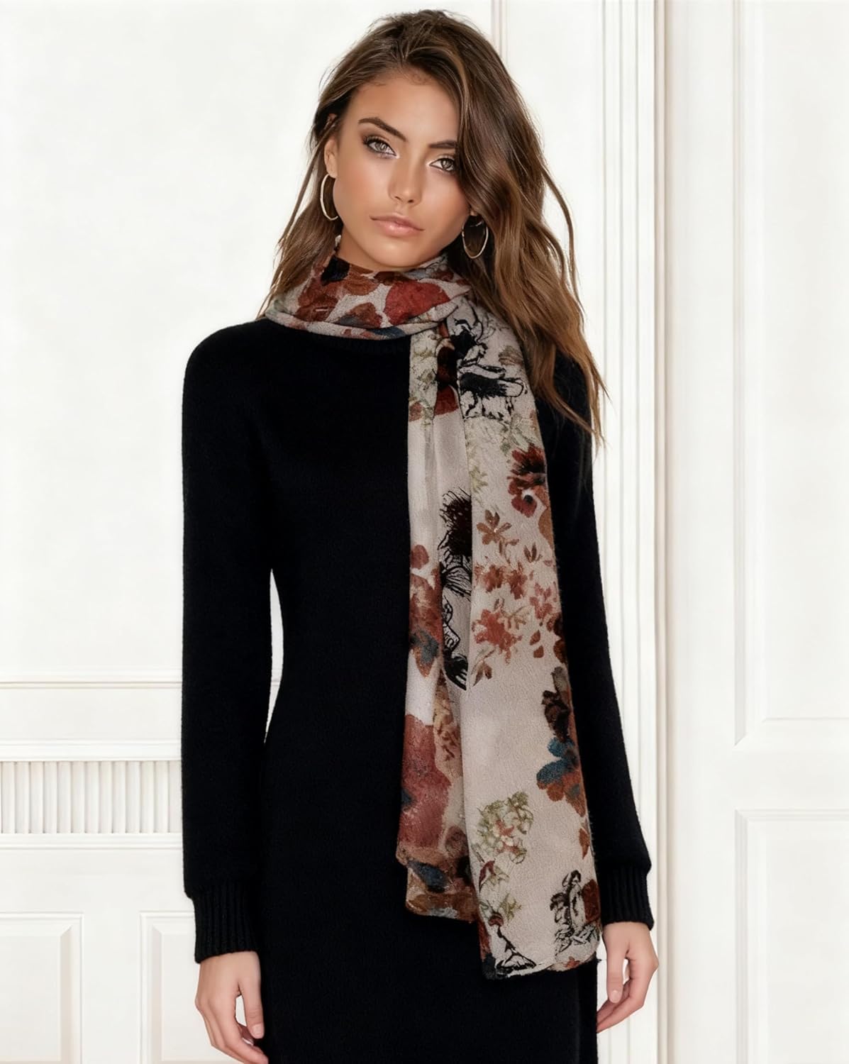 Detalle de Écharpe légère DAMILY pour femme à motif floral (tissu coton fin, 180 x 85 cm)