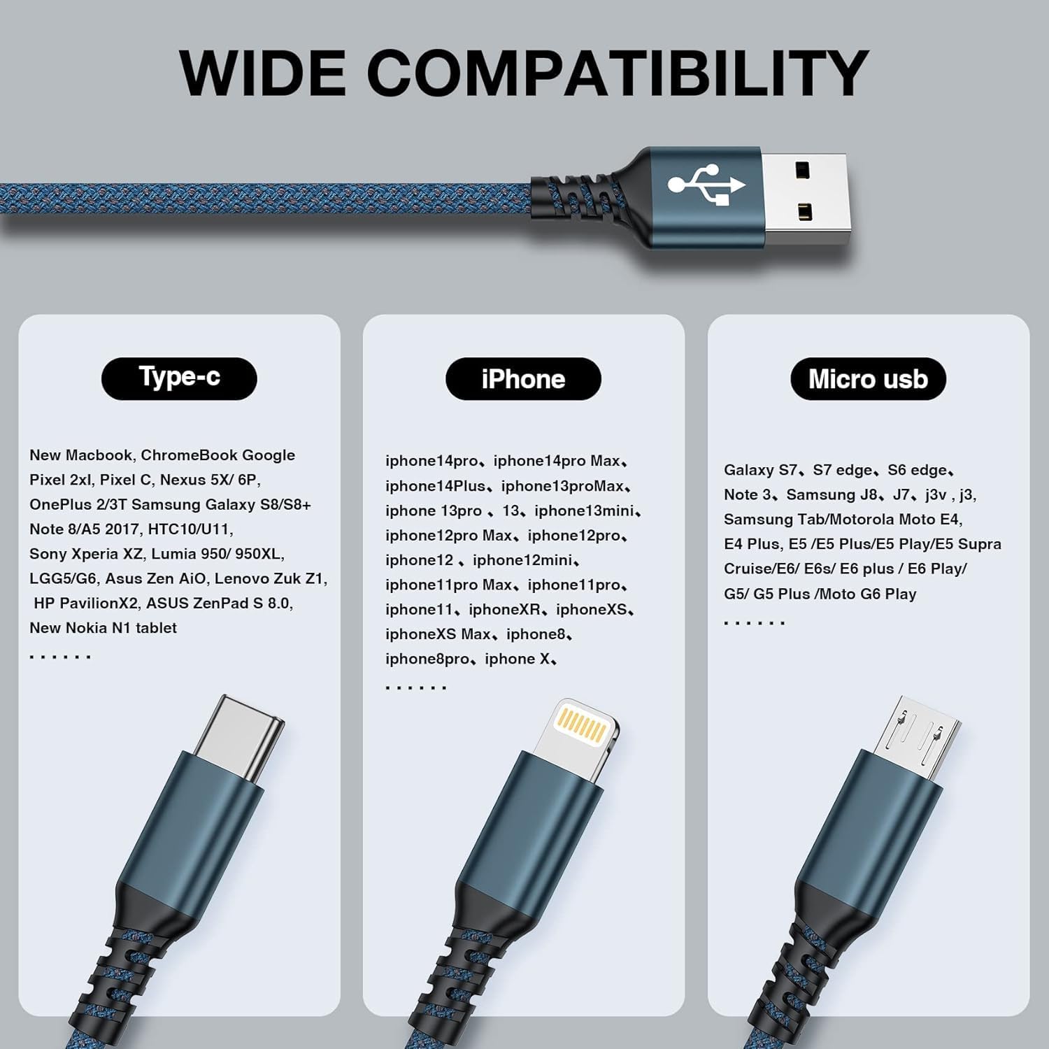 Thumbnail 6 de Multi Charger Cable, USB Charger Cable [2Pack 2M] 3 in 1 Nylon Braided with iPhone, Micro USB and USB-C for Easy All-in-One Charging