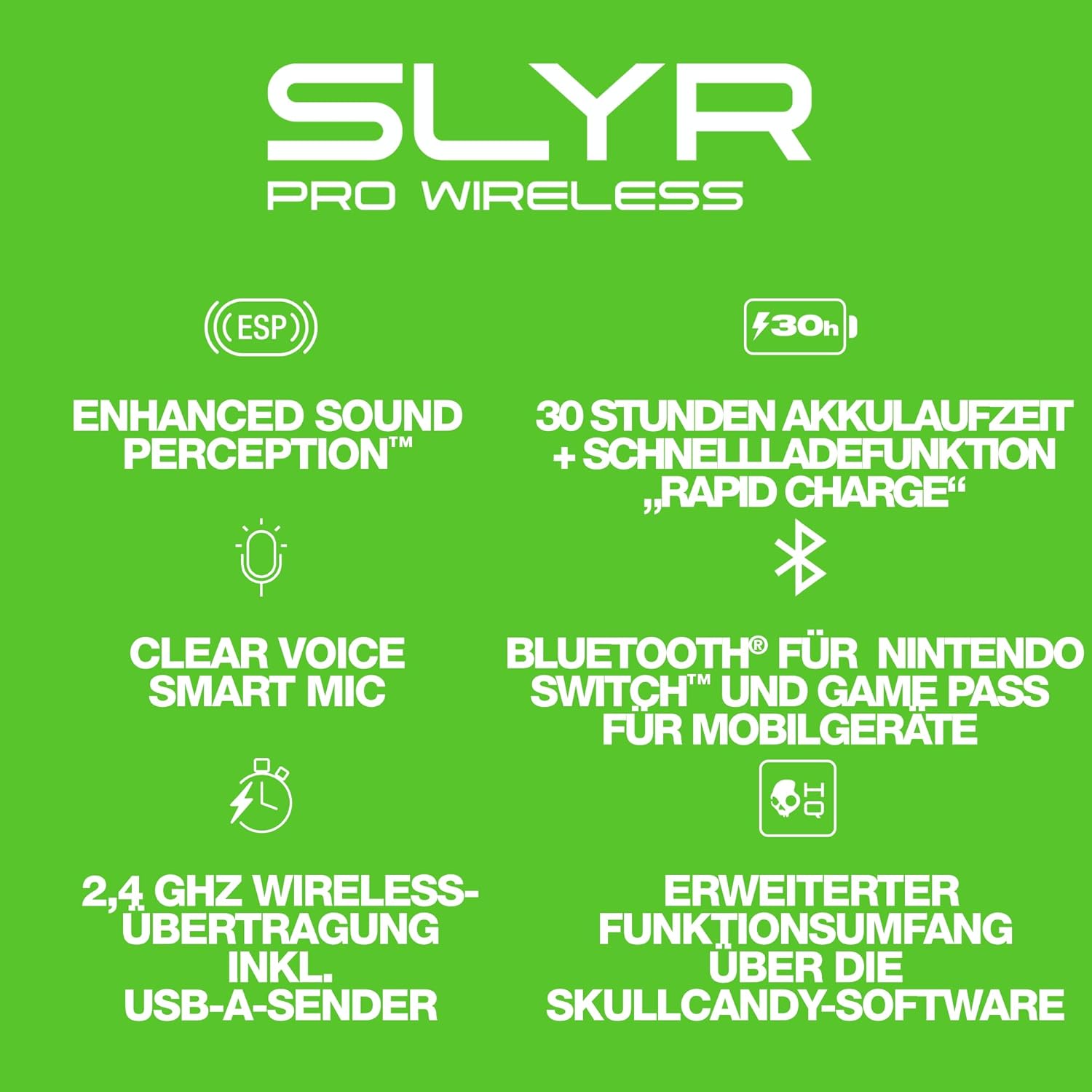 Detalle 2 de Skullcandy SLYR Pro Wireless Over-Ear Gaming Headset – Niedrige Latenz mit USB-A Sender, Xbox/PC/Switch/PS4/PS5, Schwarz/Grün