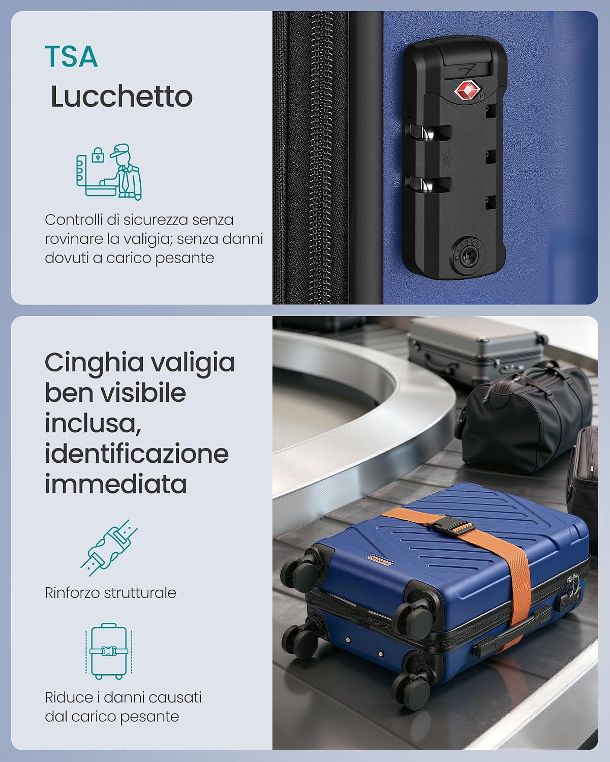 Detalle de SongMICS Valigia da viaggio rigida con serratura TSA in ABS – 4 ruote, chiusura TSA e cinghia arancione