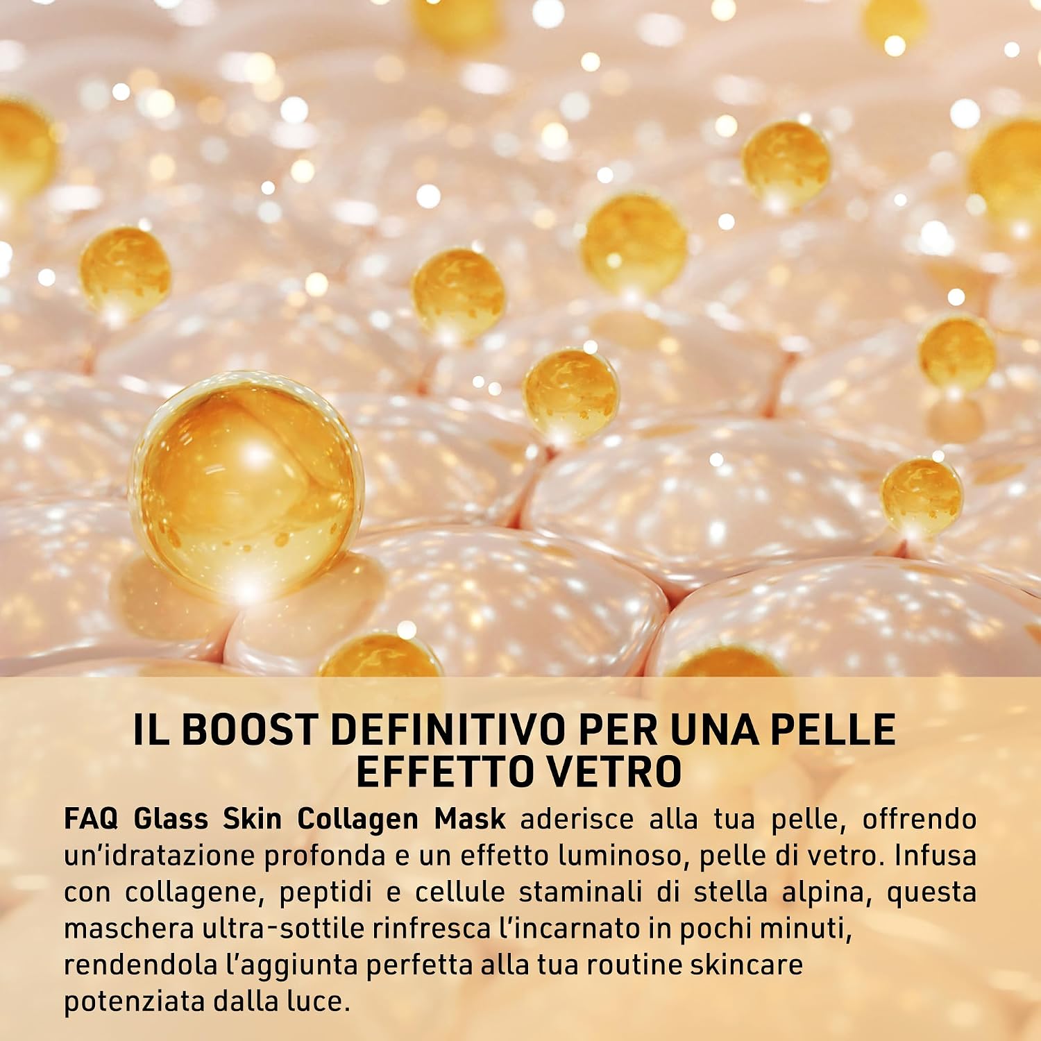 Detalle de FAQ Glass Skin Collagen Mask – Maschera viso con collagene, acido ialuronico puro e idrogel illuminante (5 pezzi)