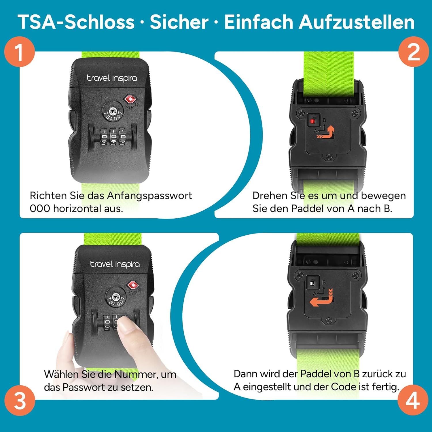 Detalle de Travel Inspira TSA-Kofferband Neon Grün – verstellbar 103–200 cm, Kofferband mit Zahlenschloss für 20–32 Zoll Koffer