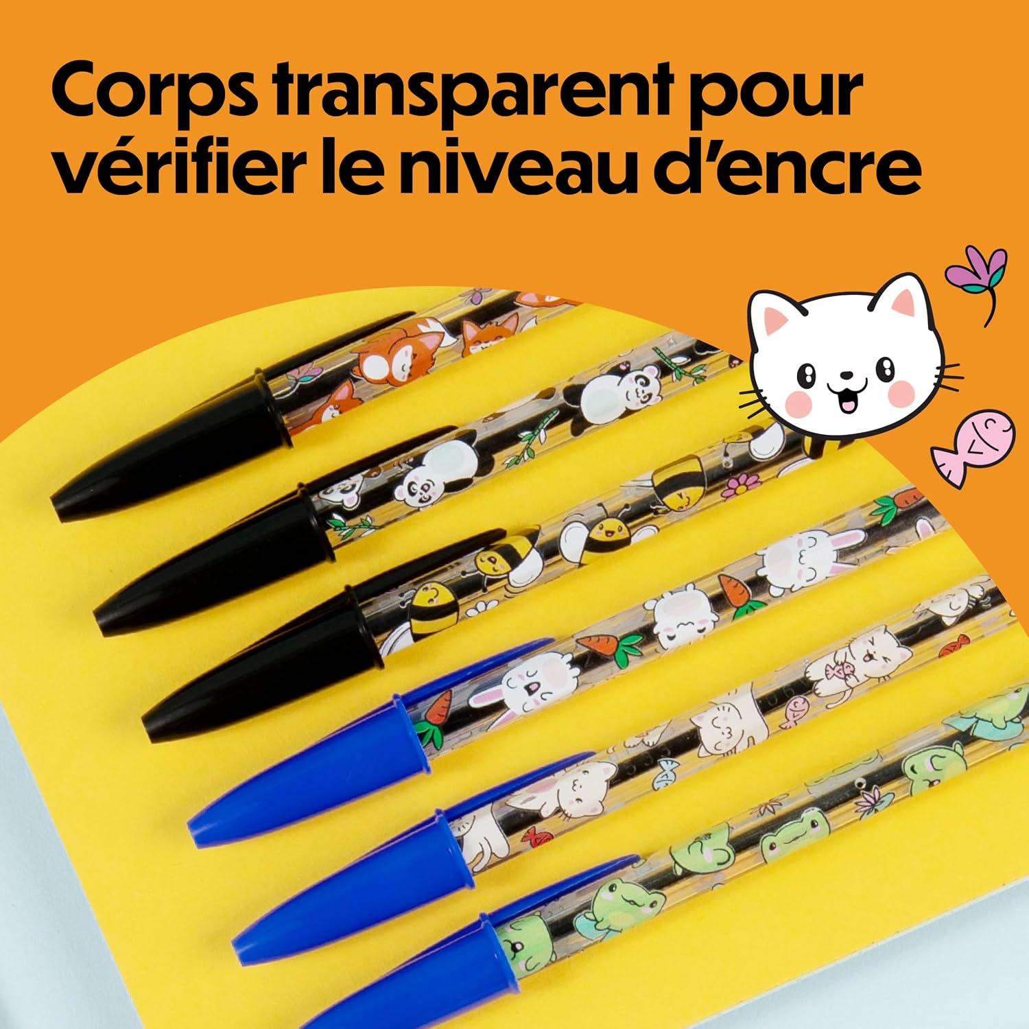Detalle de BIC Cristal Décors Kawaii – Stylos-bille à pointe moyenne (1,00 mm), Bleu et Noir, Pack de 8