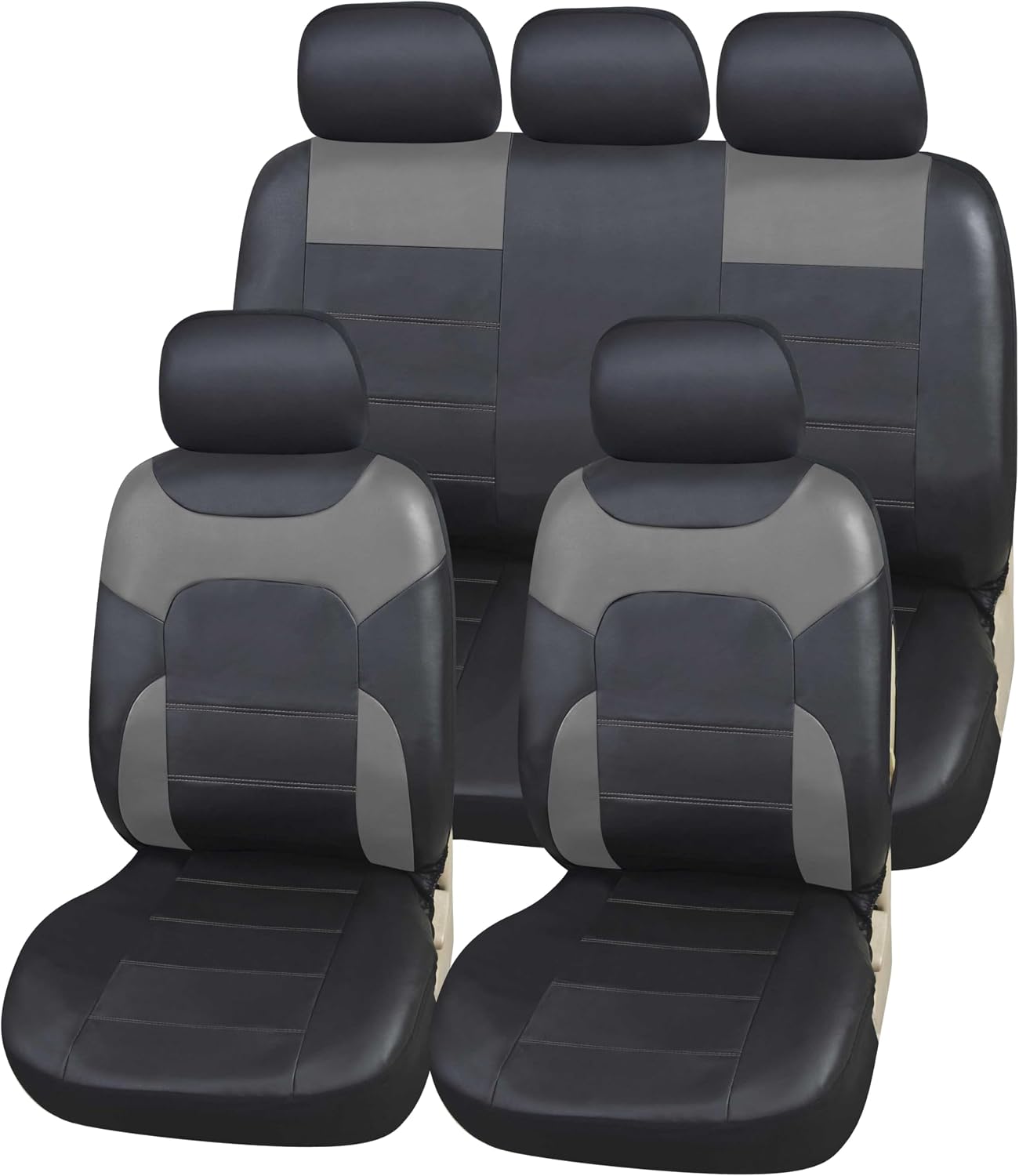 Upgrade4cars Housses de Sièges Auto Universelles Simili Cuir Gris – Ensemble Complet Avant et Arrière, Toutes Saisons