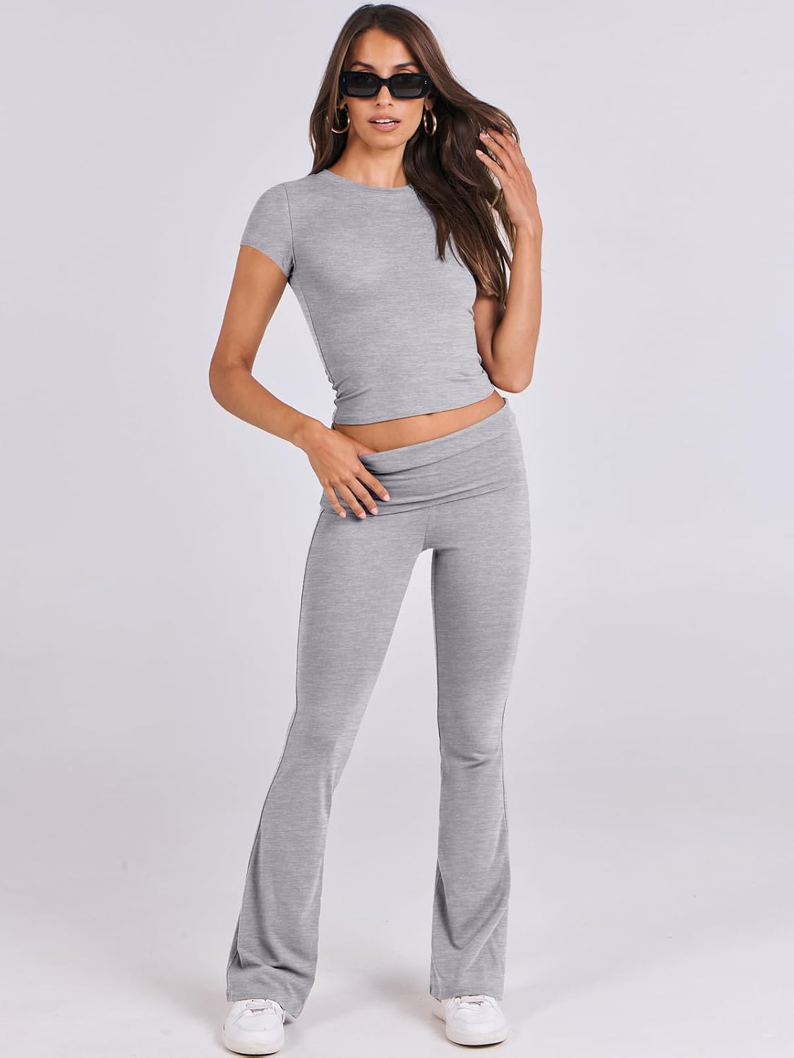 Thumbnail 6 de ANRABESS 2 Piece Lounge Set for Women — Cropped Top & Fold-Over Flare Leggings