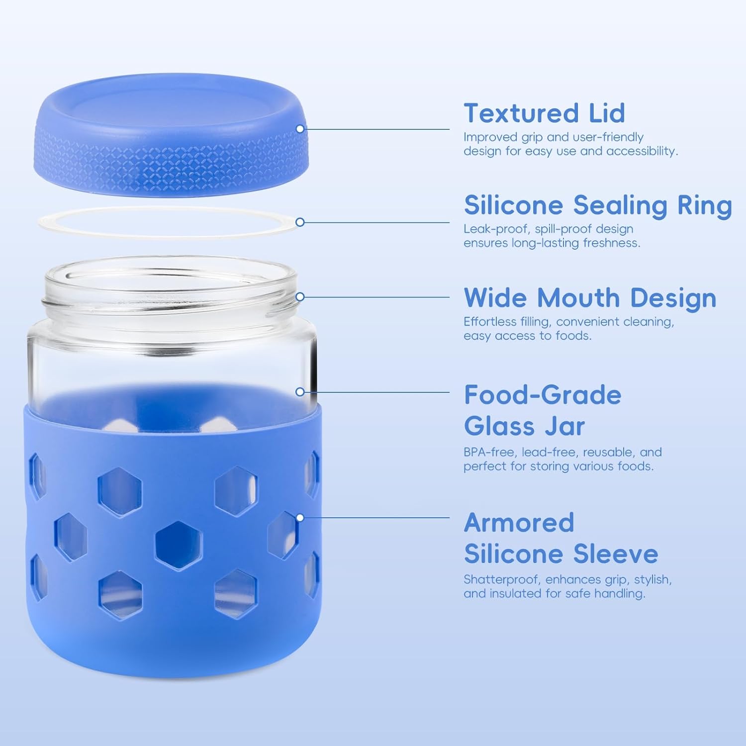 Detalle 2 de Gemice 6-Pack 16 oz Overnight Oats Containers with Lids and Silicone Sleeves (Glass Mason Jars)