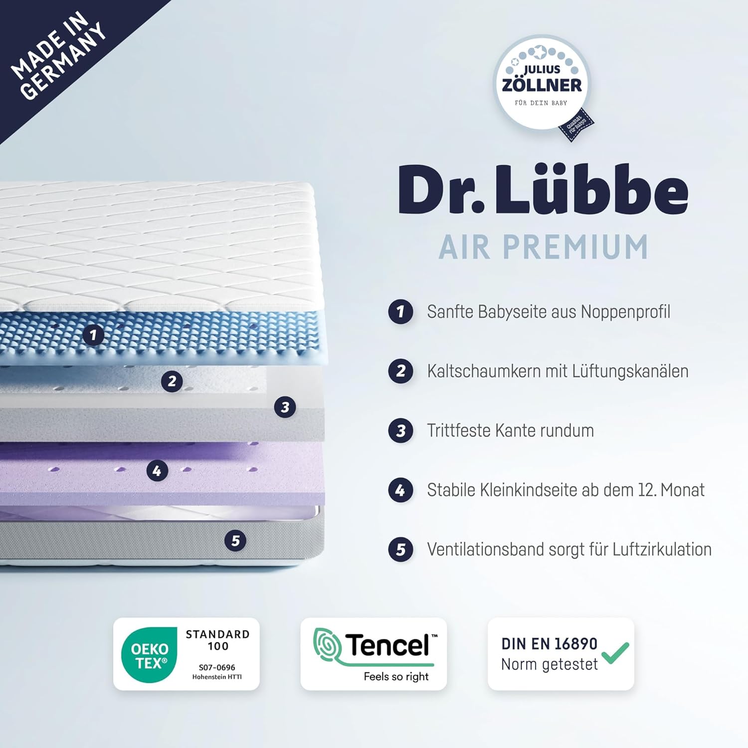 Detalle de Julius Zöllner Babymatratze Dr. Lübbe Air Premium 60 x 120 cm – TÜV geprüft, OEKO-TEX Standard 100