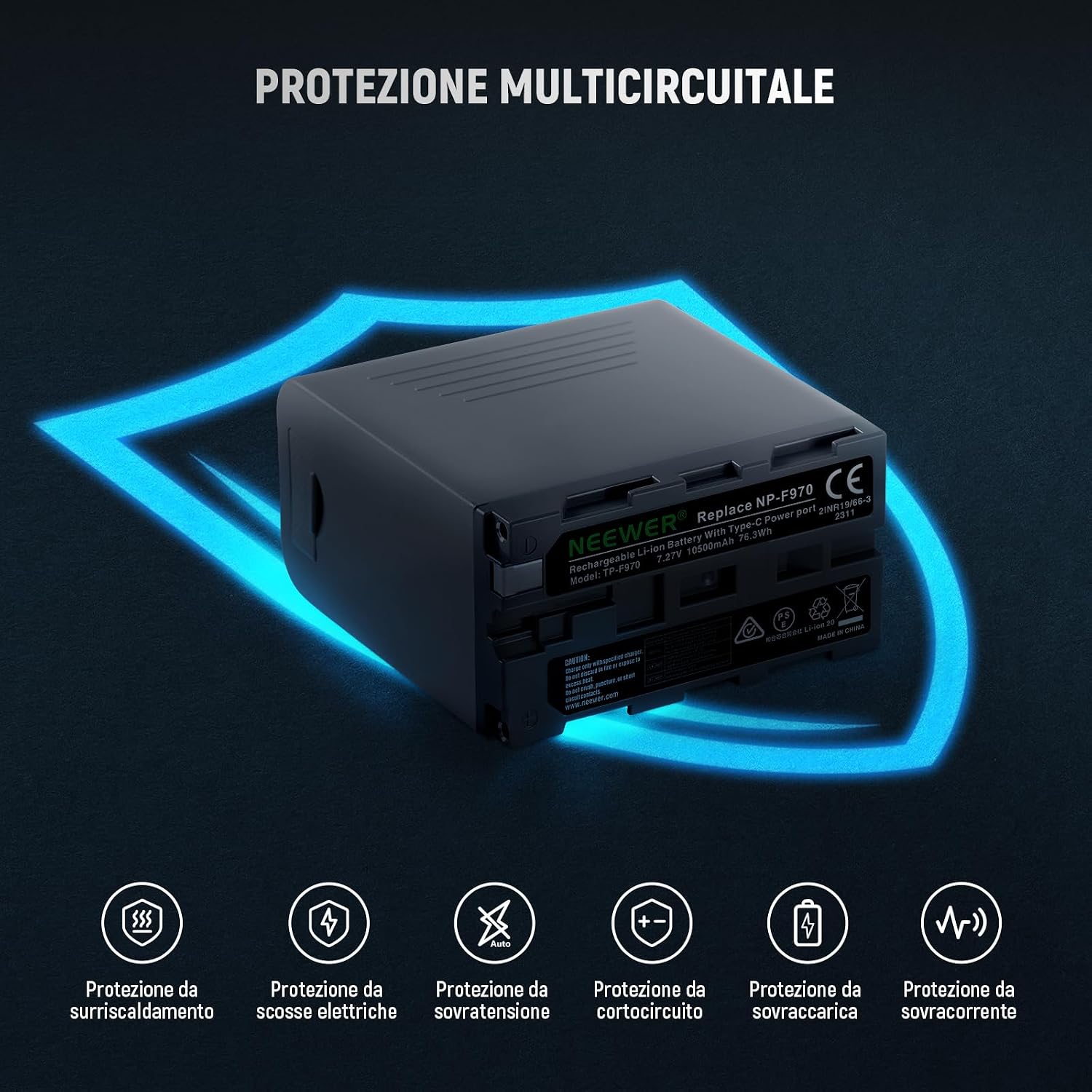 Thumbnail 6 de NEEWER NP-F970 10500mAh batteria di ricambio con ricarica rapida PD 20W (USB-C) per Sony FX3/FX30, Canon R5, Nikon Z8, grigio