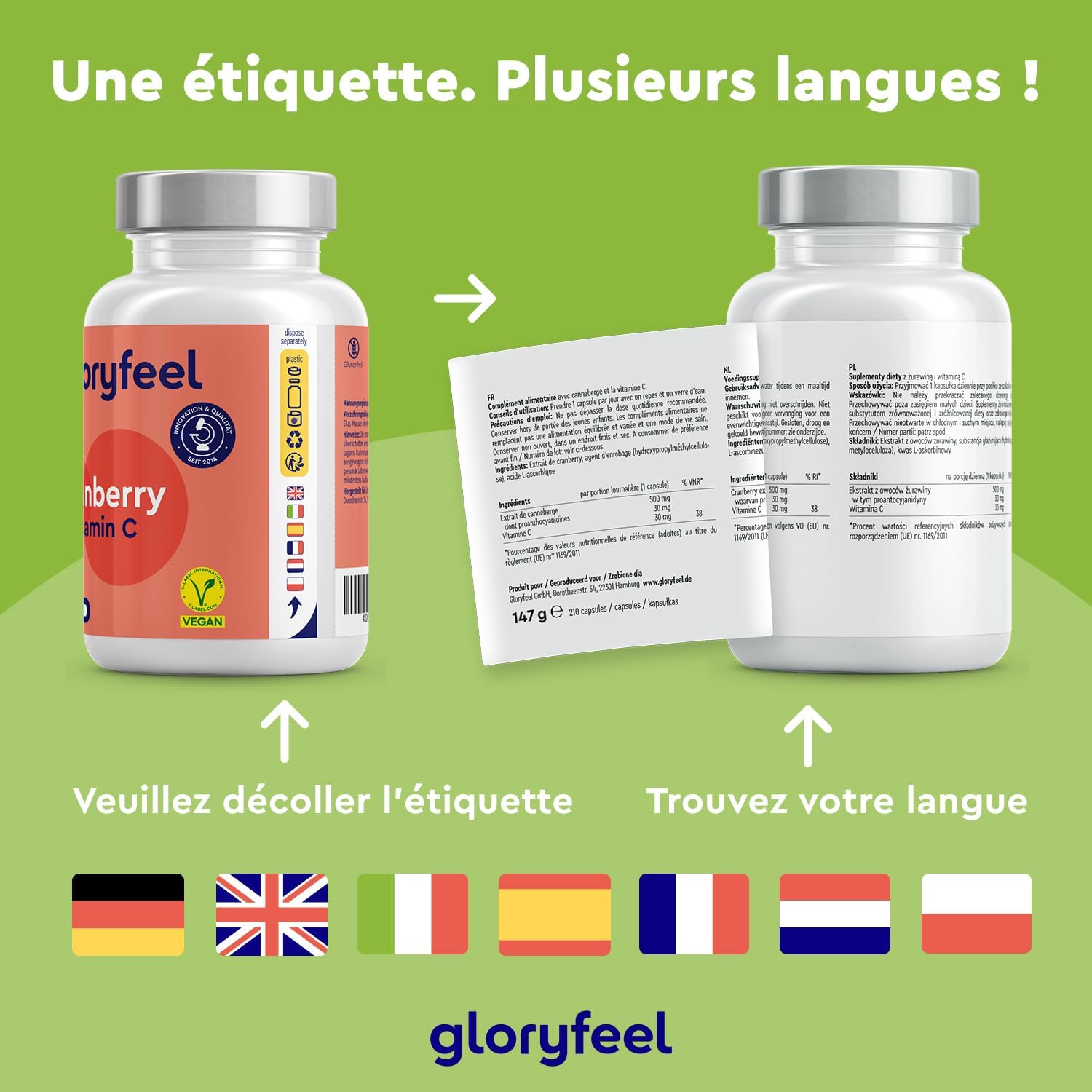 Detalle de Extrait de Cranberry hautement dosé 25:1 avec vitamine C — 210 capsules