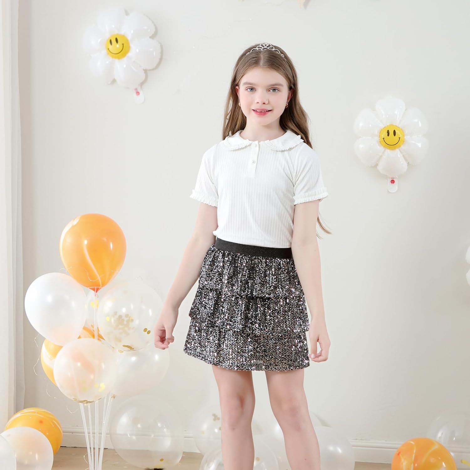 Detalle de Bezioner Girls Sequin Skirt: Layered Glitter Skater Skirt for 5–14 Years