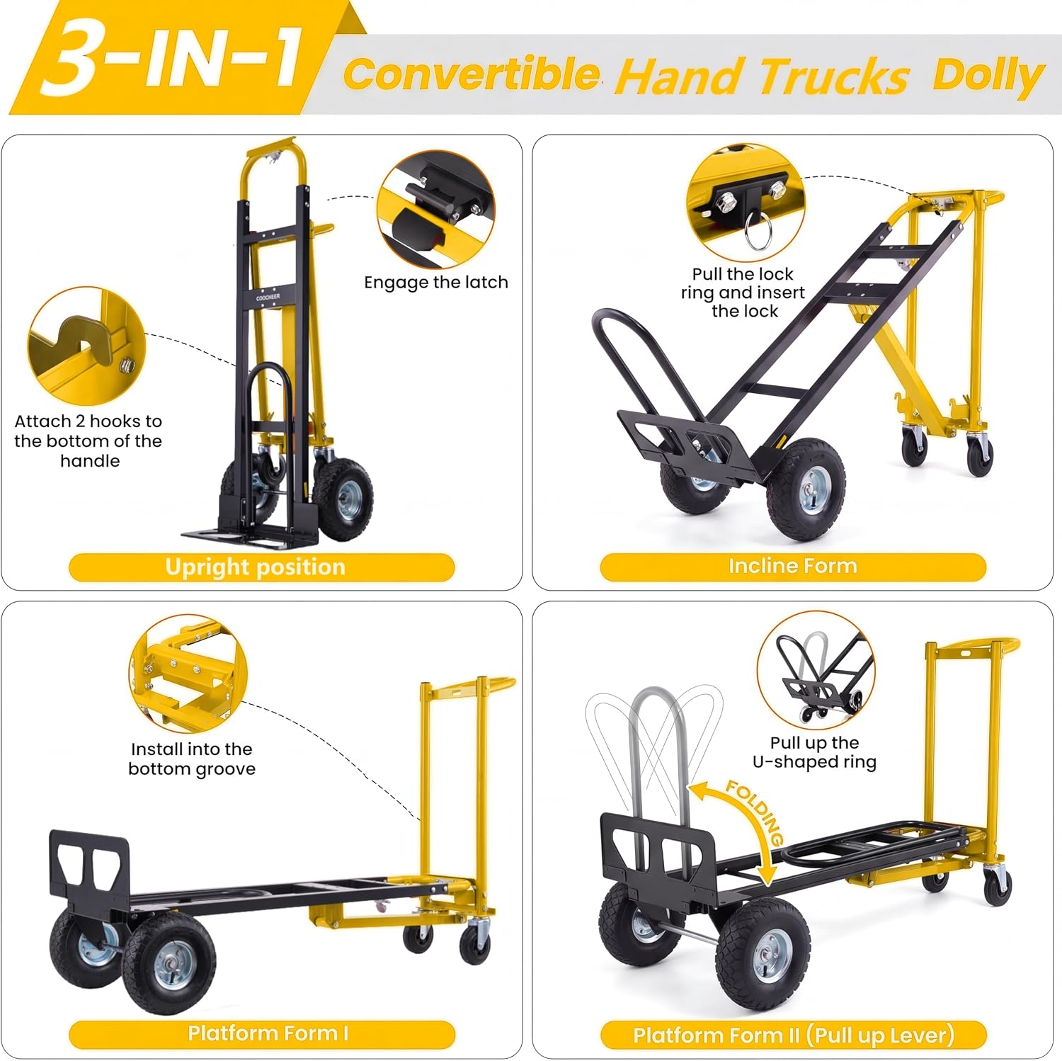 Thumbnail 5 de COOCHEER 4-in-1 Convertible Hand Truck Dolly, 1,000 lb Capacity, 10-Inch Tires