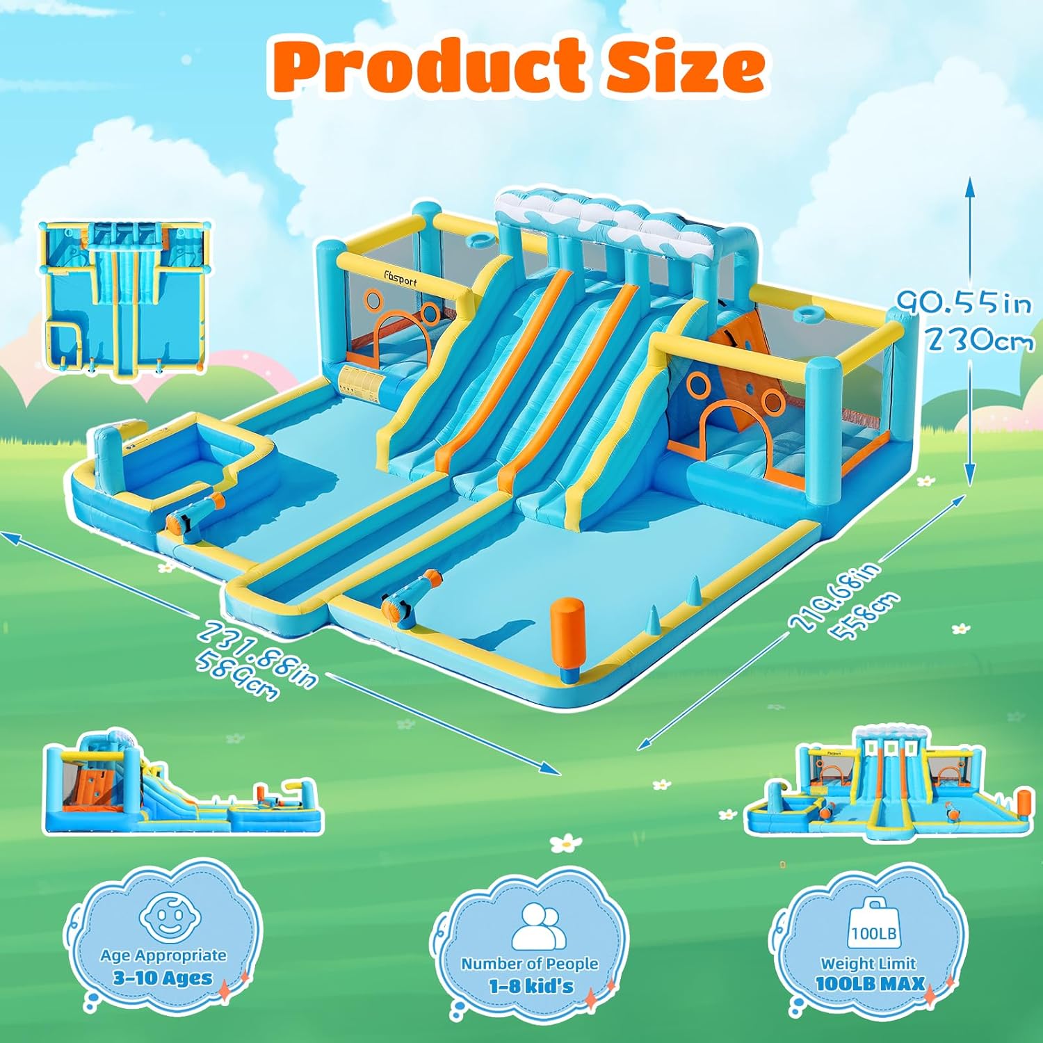 Thumbnail 2 de FBSPORT Inflatable Bounce House Water Slide with 3 Slides and 2 Bouncers: 10-in-1 Outdoor Play for Kids