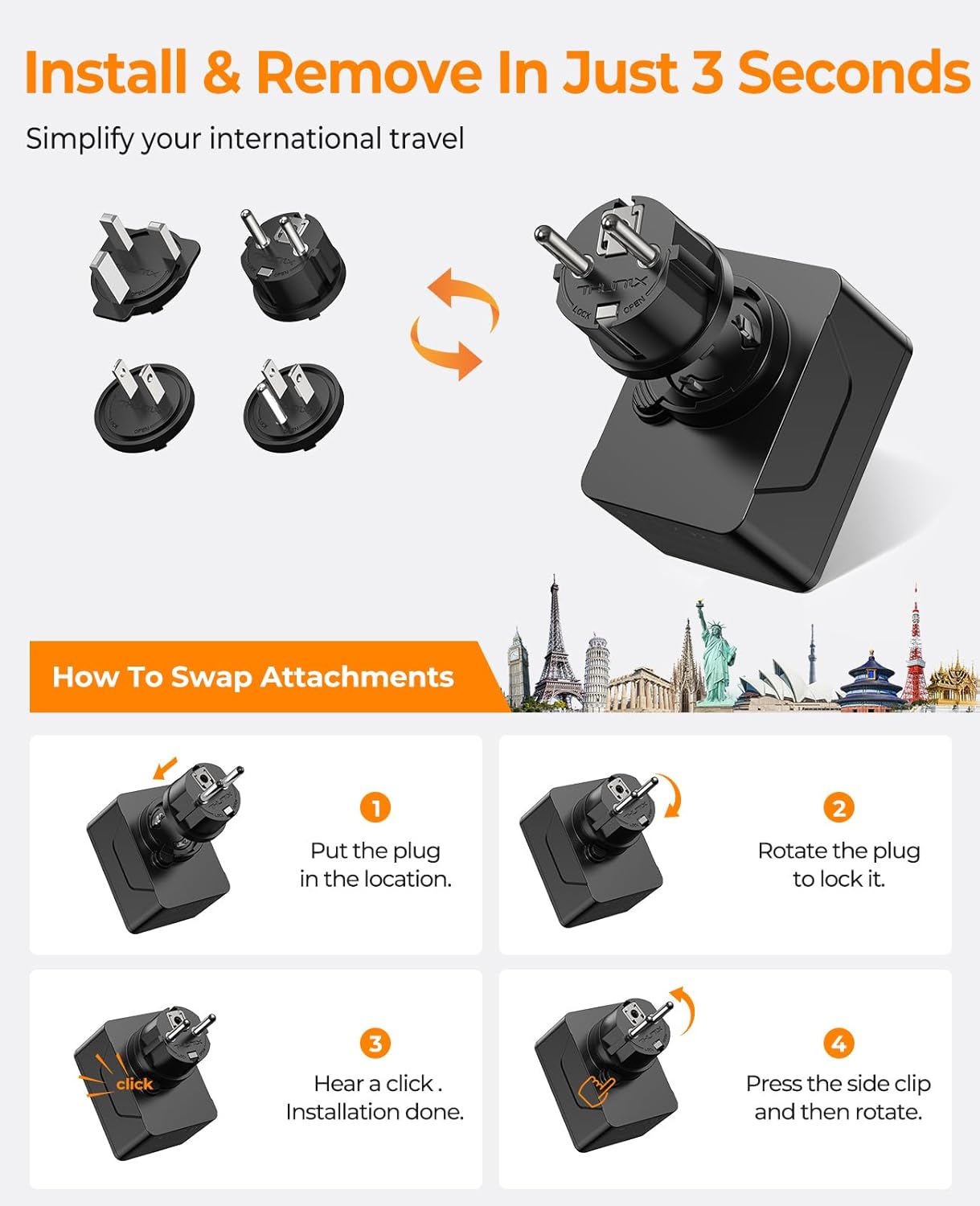 Thumbnail 3 de Adaptateur prise universelle France vers USA/UK/Japon/EU avec 4 fiches détachables, 2 USB et 2 USB-C (PD 20W)