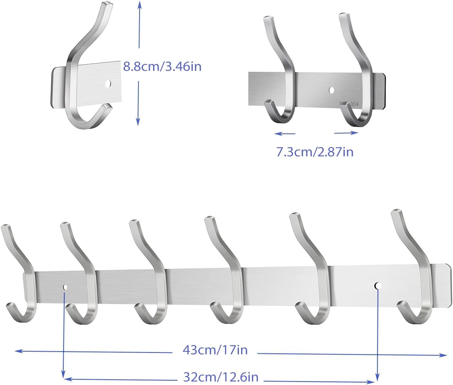 Thumbnail 6 de MEIJO 1 wandkapstok met 6 dubbele haken, RVS, zilverkleurig, 2 stuks