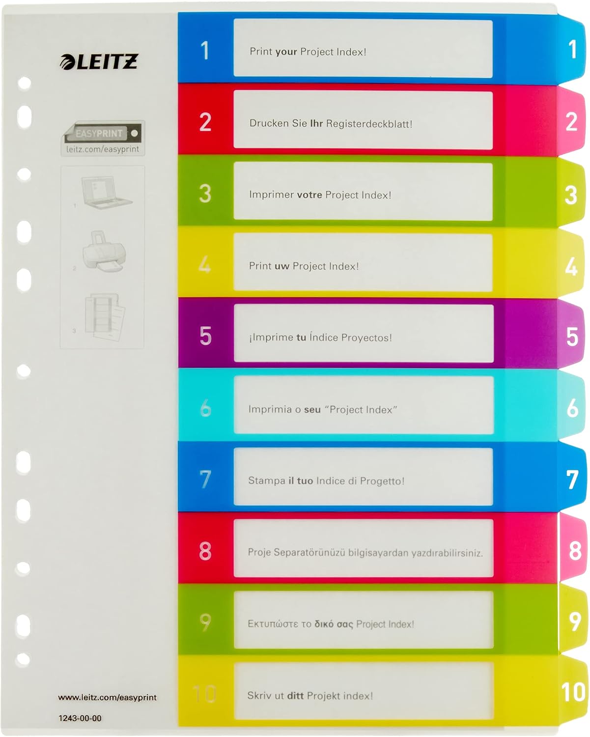 Leitz Intercalaires WOW 1-10 A4 Extra-Large – Imprimables sur PC, Plastique Ultra-Résistant, Multicolore