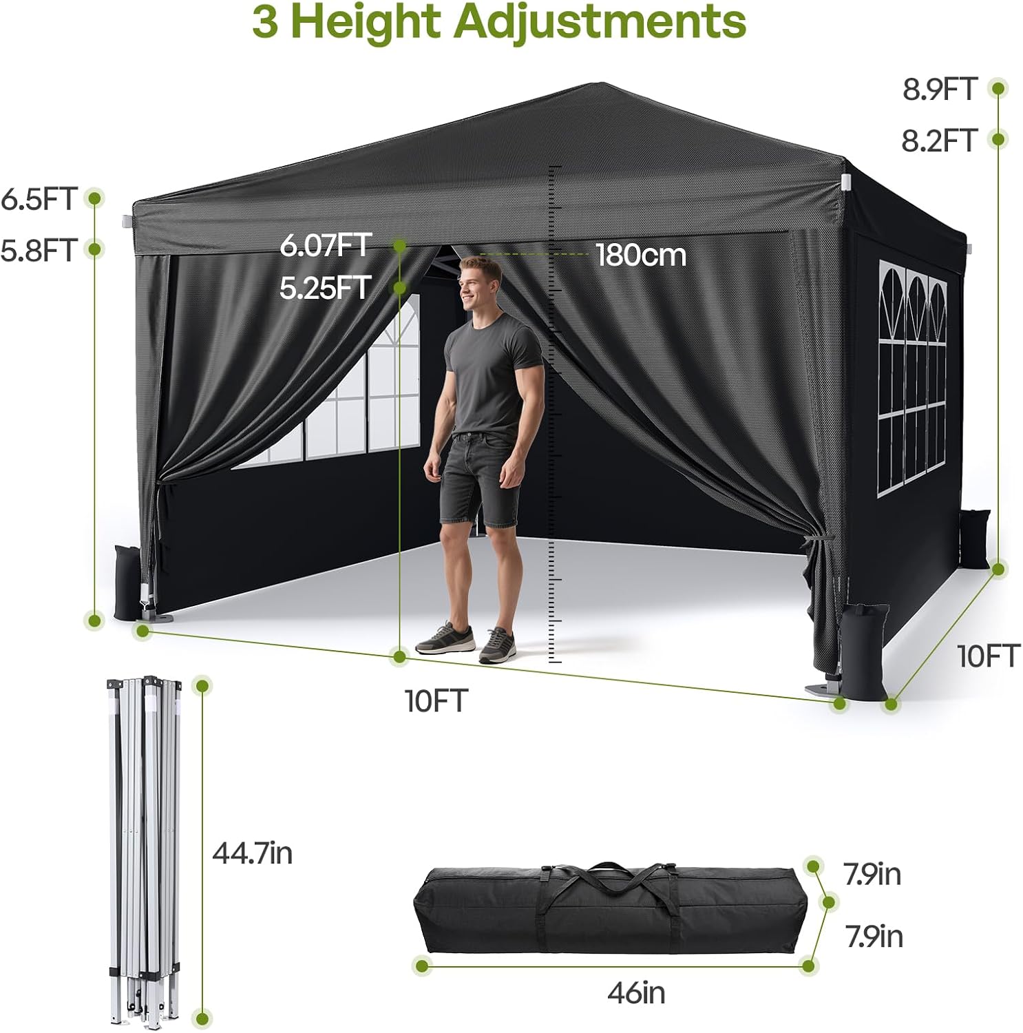 Detalle 2 de Driftalia Gazebo with Sides 3m x 3m – Waterproof Pop Up Gazebo with 4 Sandbags and Carry Bag (Black)
