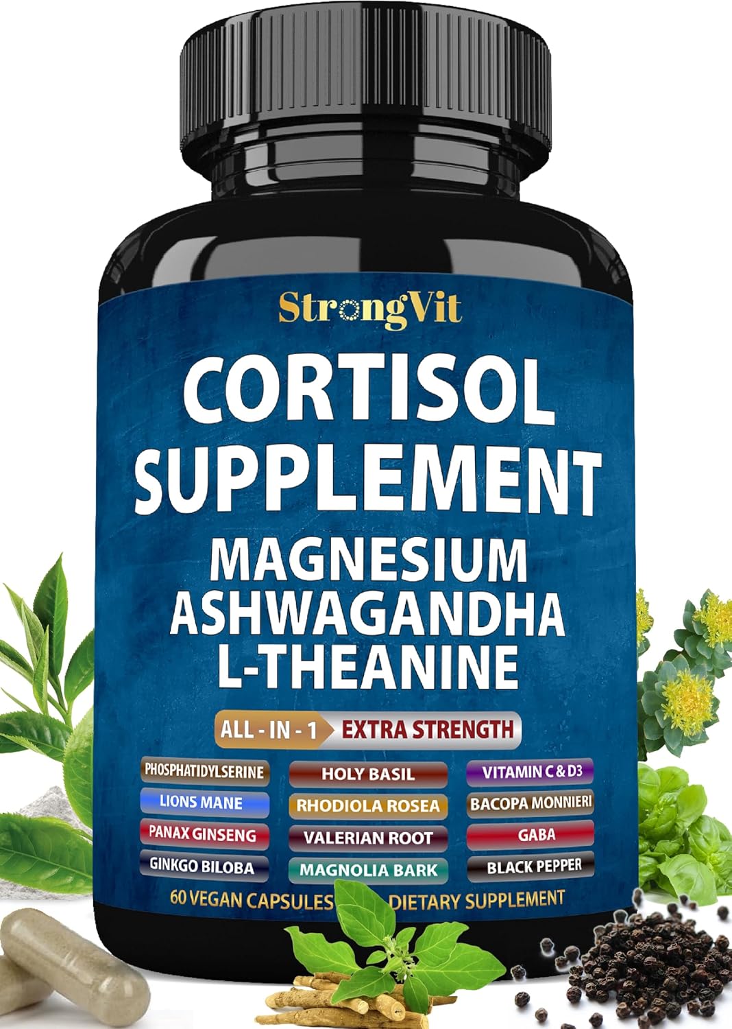 Detalle de StrongVit Cortisol Supplement, 60 Capsules with Magnesium and Ashwagandha