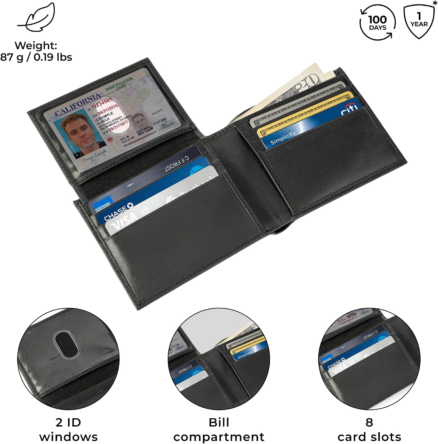 Detalle de Berliner Bags Peter Portefeuille Homme en Cuir Véritable – Protection RFID, 8 emplacements, 2 fenêtres ID, 12 x 9,5 cm – Noir
