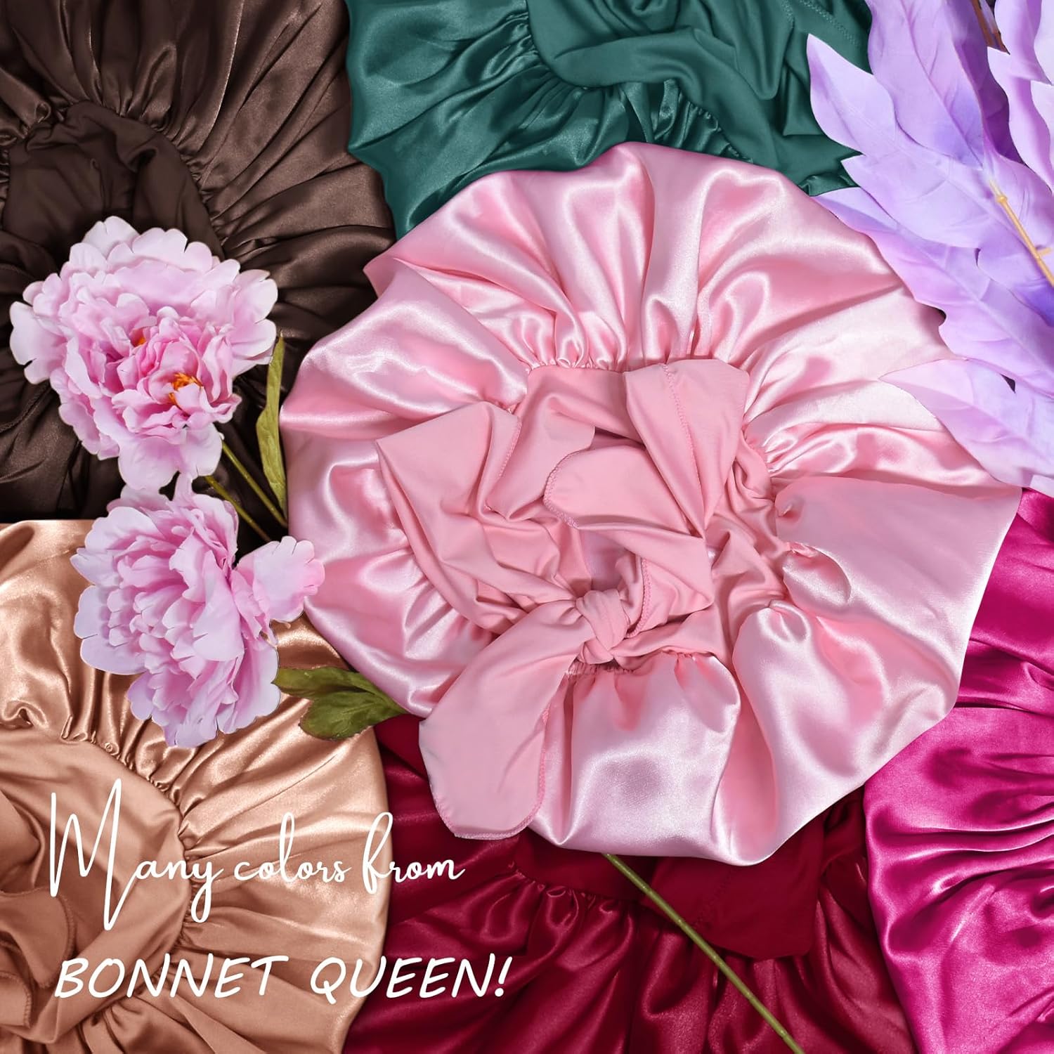 Detalle de Bonnet Queen Silk Bonnet for Sleeping Women (Sage Green) — Adjustable Tie Band Satin Night Cap for Curly Hair
