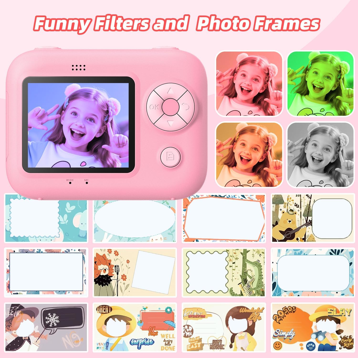 Detalle 1 de HOOMOON P97 Kids Instant Print Camera, 1080p Video, 5 Paper Rolls, Pink