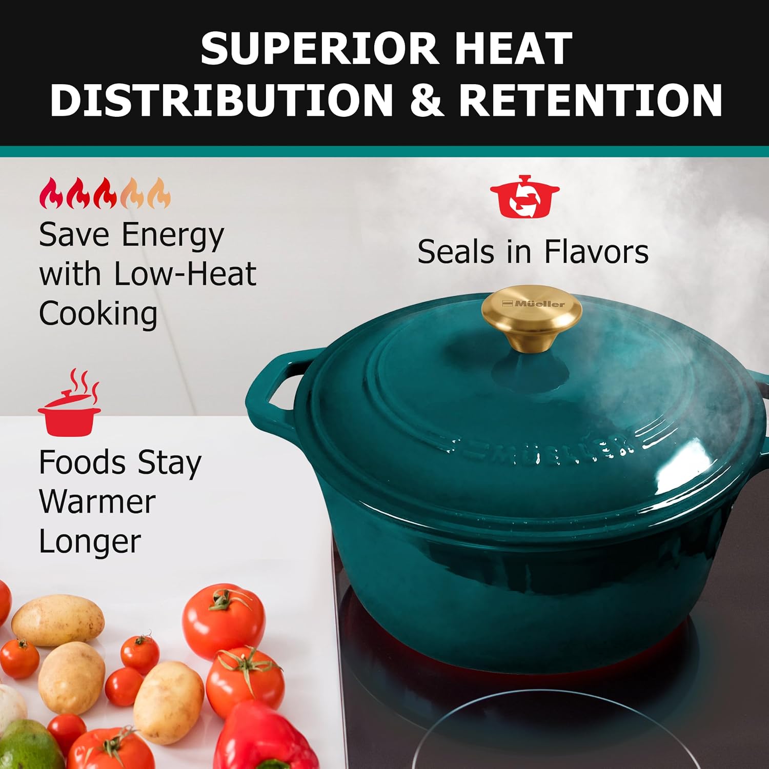 Detalle de Mueller DuraCast 6 Quart Enameled Cast Iron Dutch Oven with Lid (Emerald) — 500°F Oven Safe, PFOA-Free