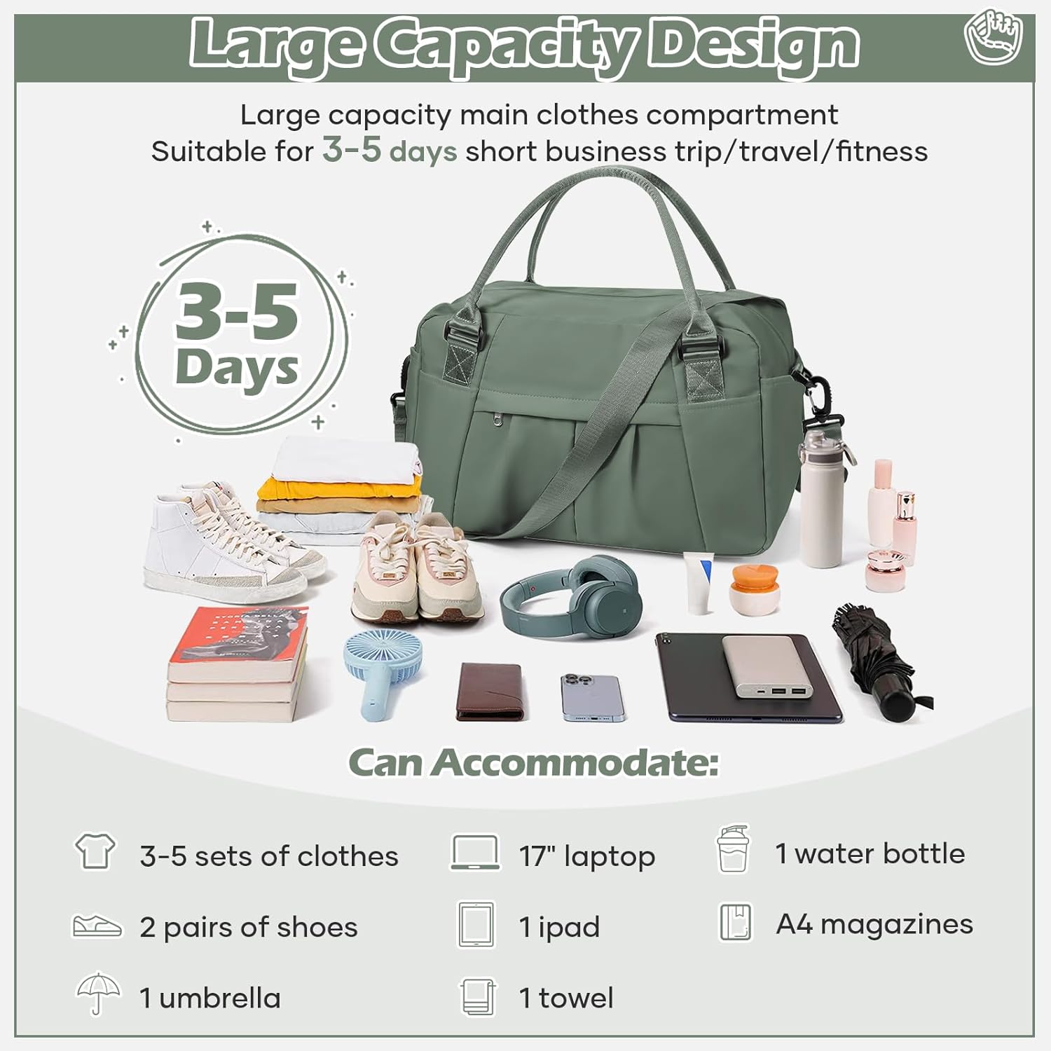 Thumbnail 2 de Reisetasche Damen Sporttasche 40x20x25 cm – Handgepäck 20 Liter, wasserdichte Nassfach, Nylon, B03-Armeegrün