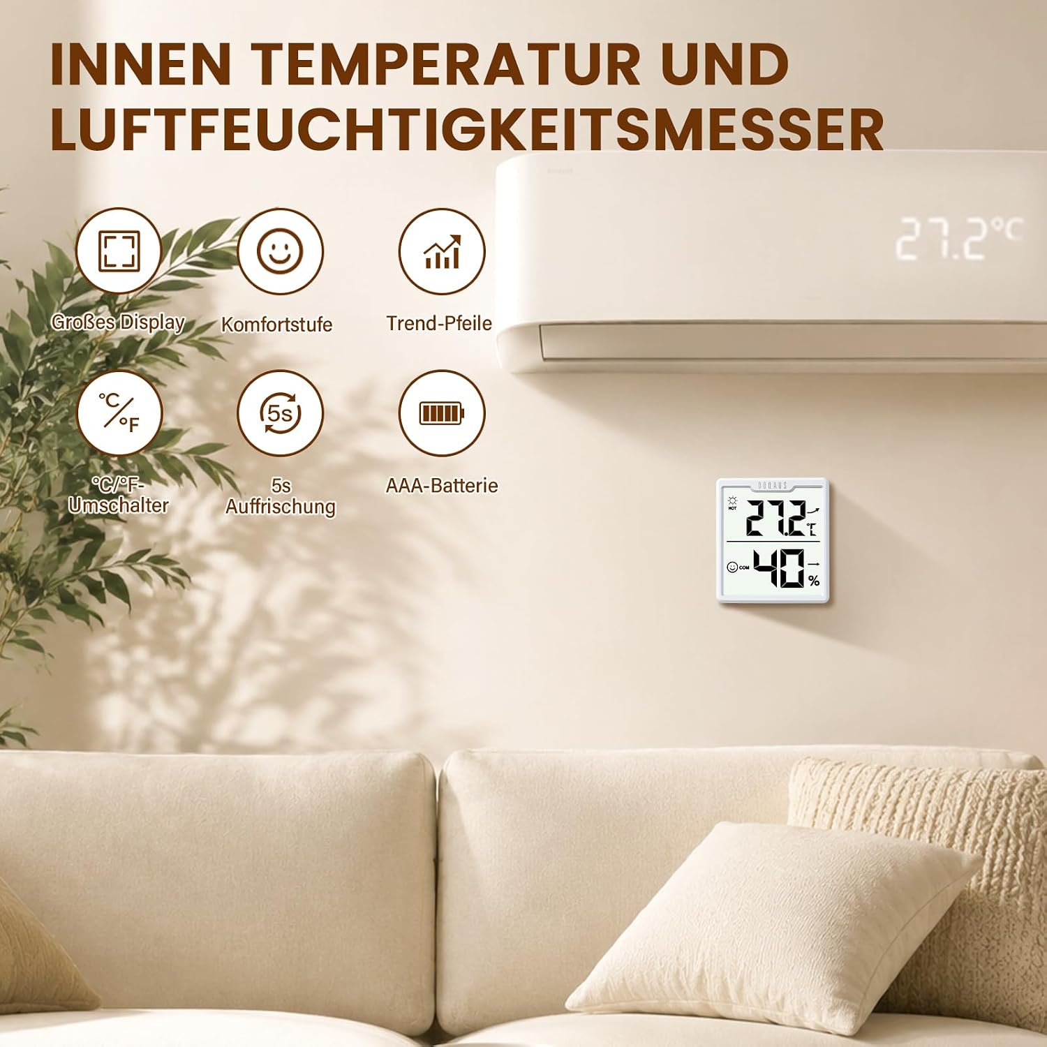 Detalle de DOQAUS 3er-Set Digitales Innen-Thermometer-Hygrometer mit AAA-Batterien – Temperatur und Luftfeuchtigkeit im Raum