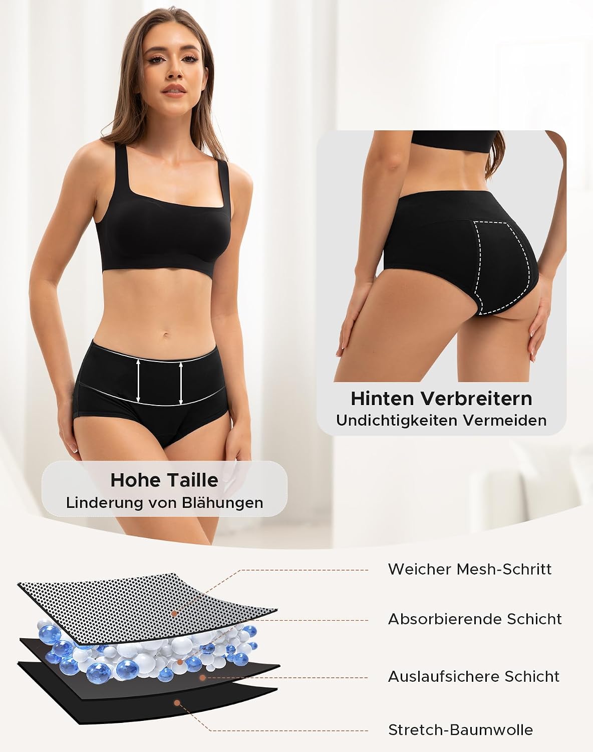 Detalle de INNERSY Culotte menstruelle à flux abondant taille haute, lot de 3 (coton lavable, 50 ml)