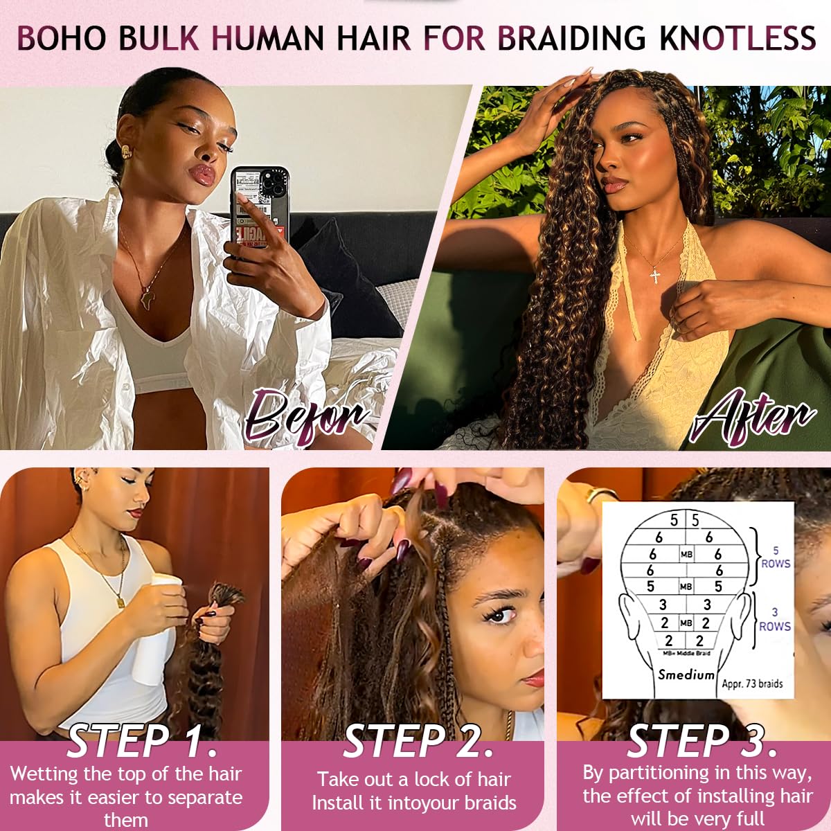 Detalle 2 de FONFUNY Human Braiding Hair 20 Inch, 120g
