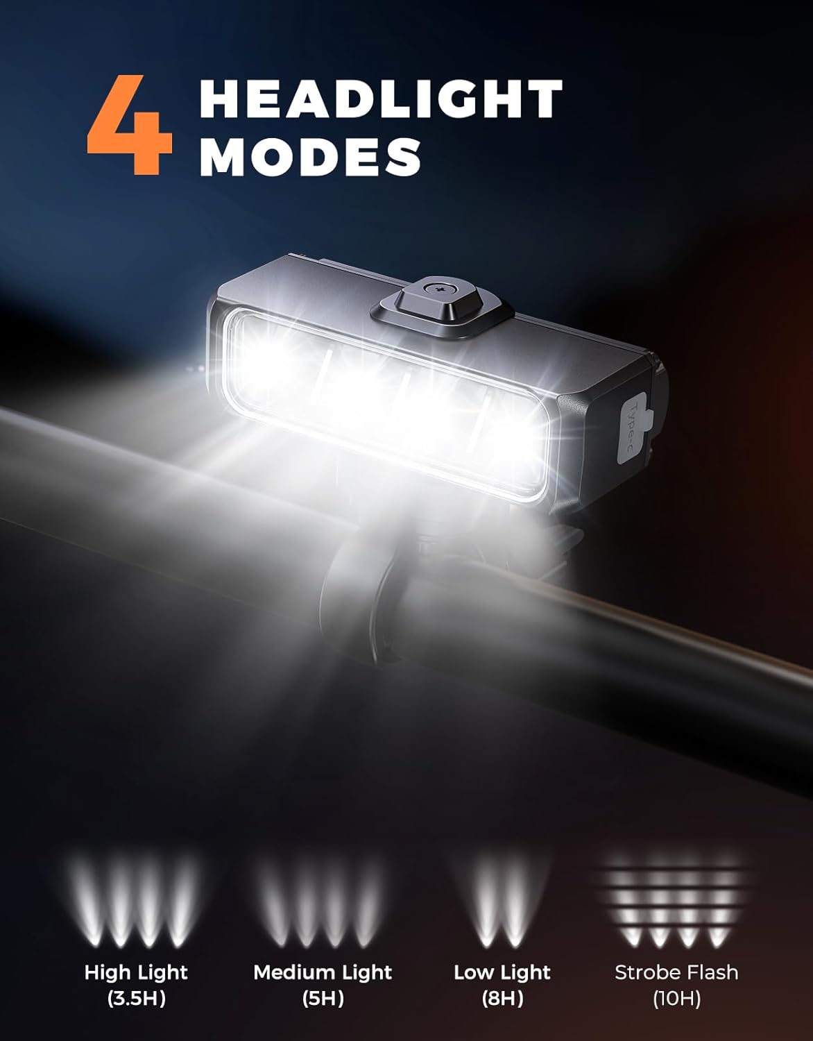 Detalle de EOIWUY bike lights set (1500LM front) with wide beam, 4+5 modes and USB Type-C charging, IP65 waterproof