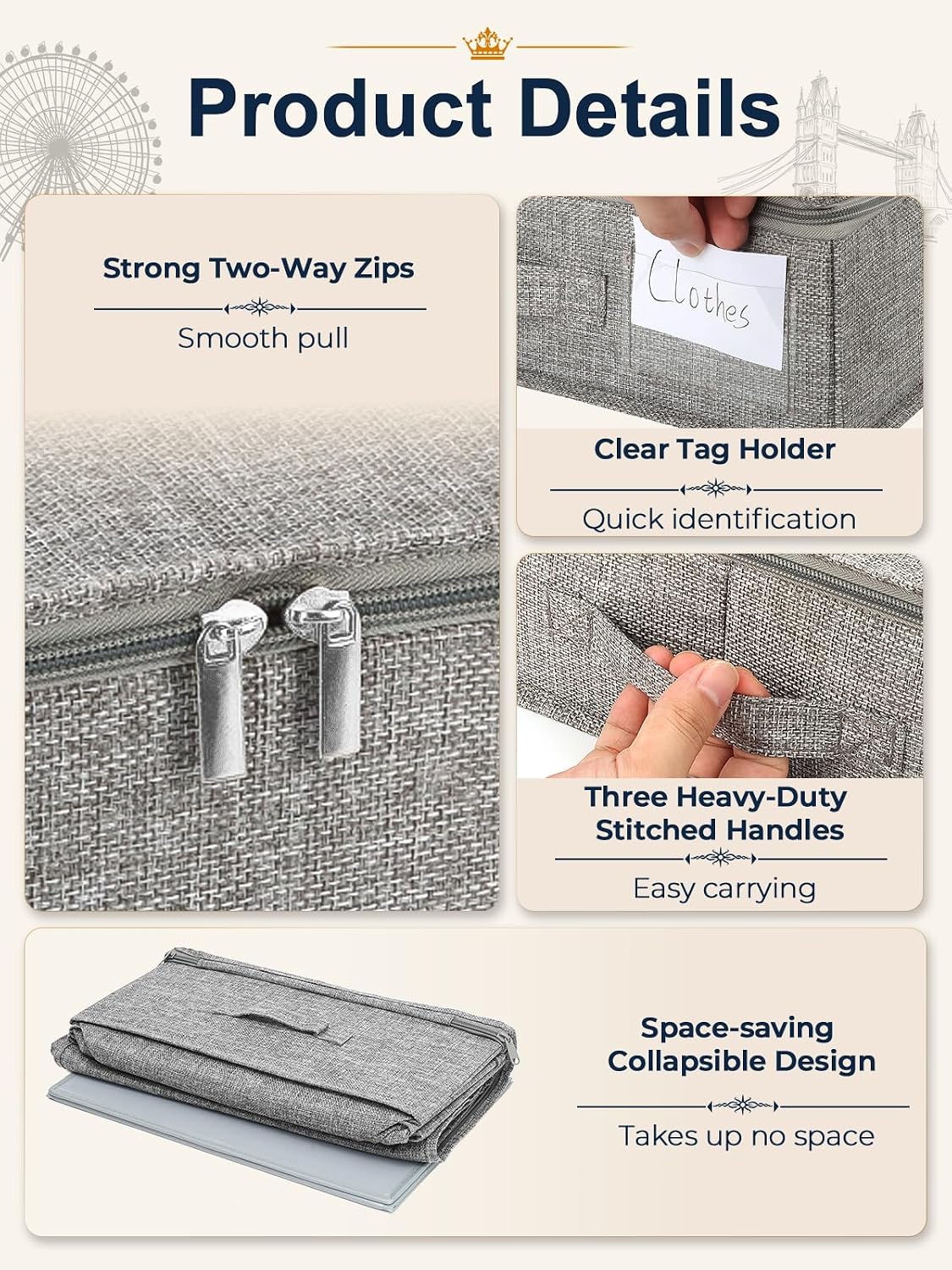 Thumbnail 5 de Huquter 40L Under-Bed & Sofa Storage Boxes (2 Pack) – 12cm Tall, Slim, with Zipped Lids