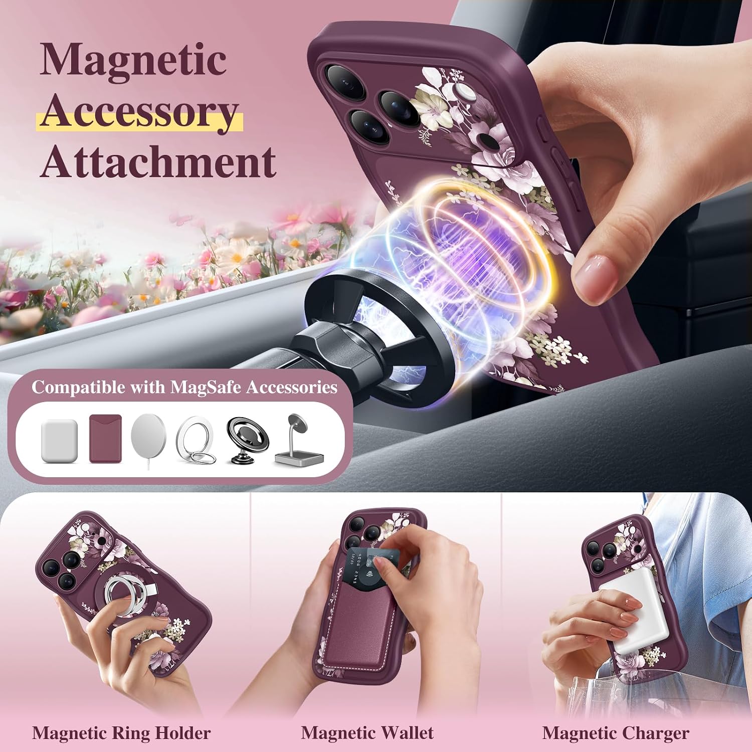Detalle 2 de GVIEWIN Floral MagSafe Case for iPhone 17 Pro/18 Pro, Cherry Blossoms/Dark Cherry