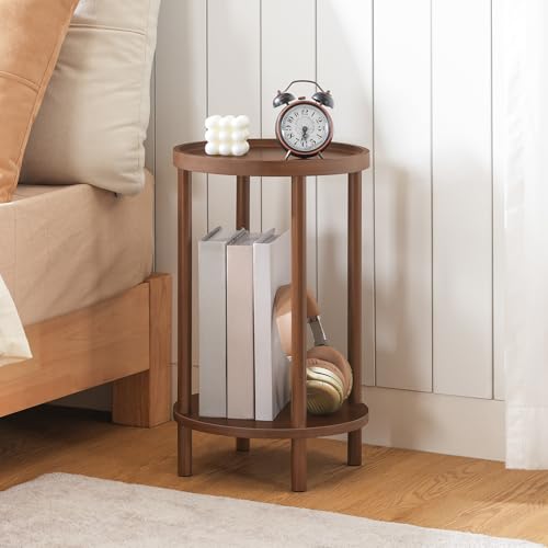 Detalle de HOOBRO EMA156BZ01, table d’appoint ronde en bambou à 2 niveaux, brun rouge foncé