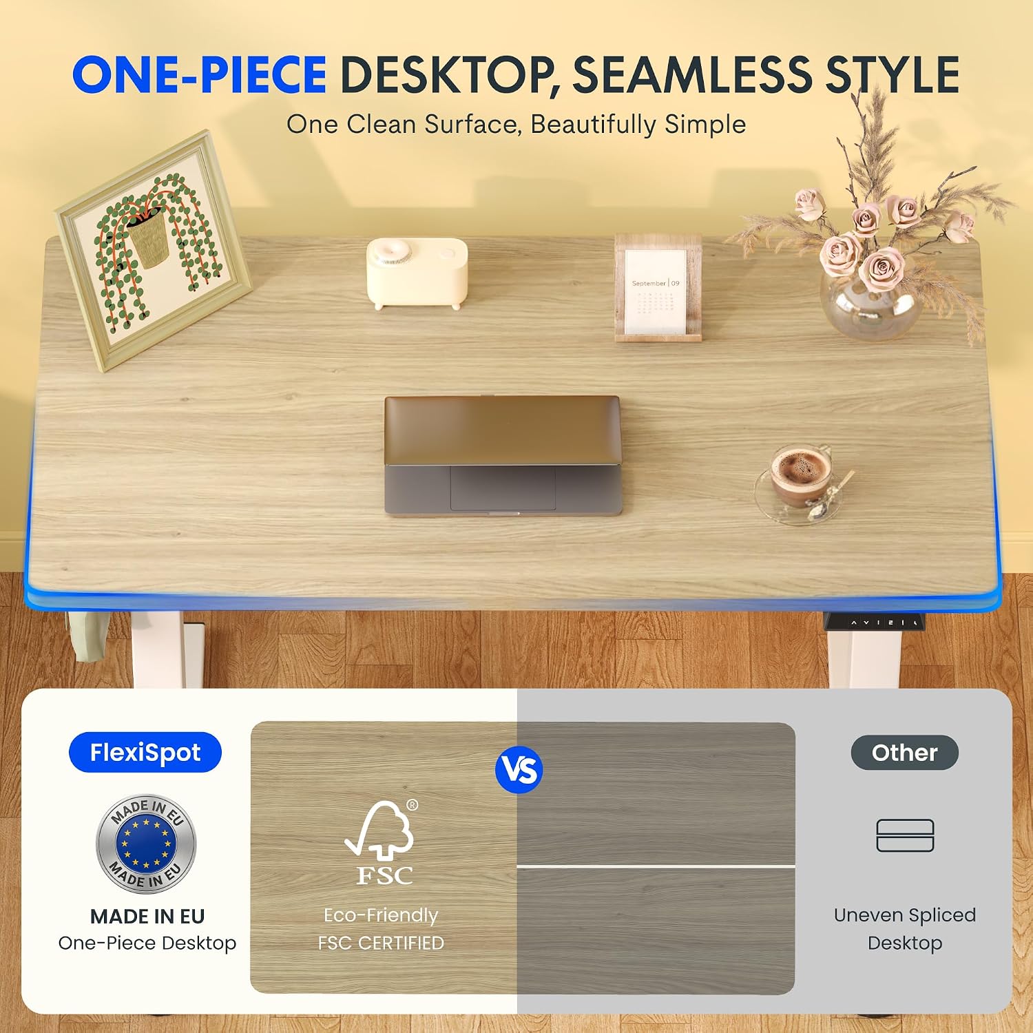 Detalle de FlexiSpot E1 Plus Electric Standing Desk, 140 × 80 cm, 25 mm Light Oak Top